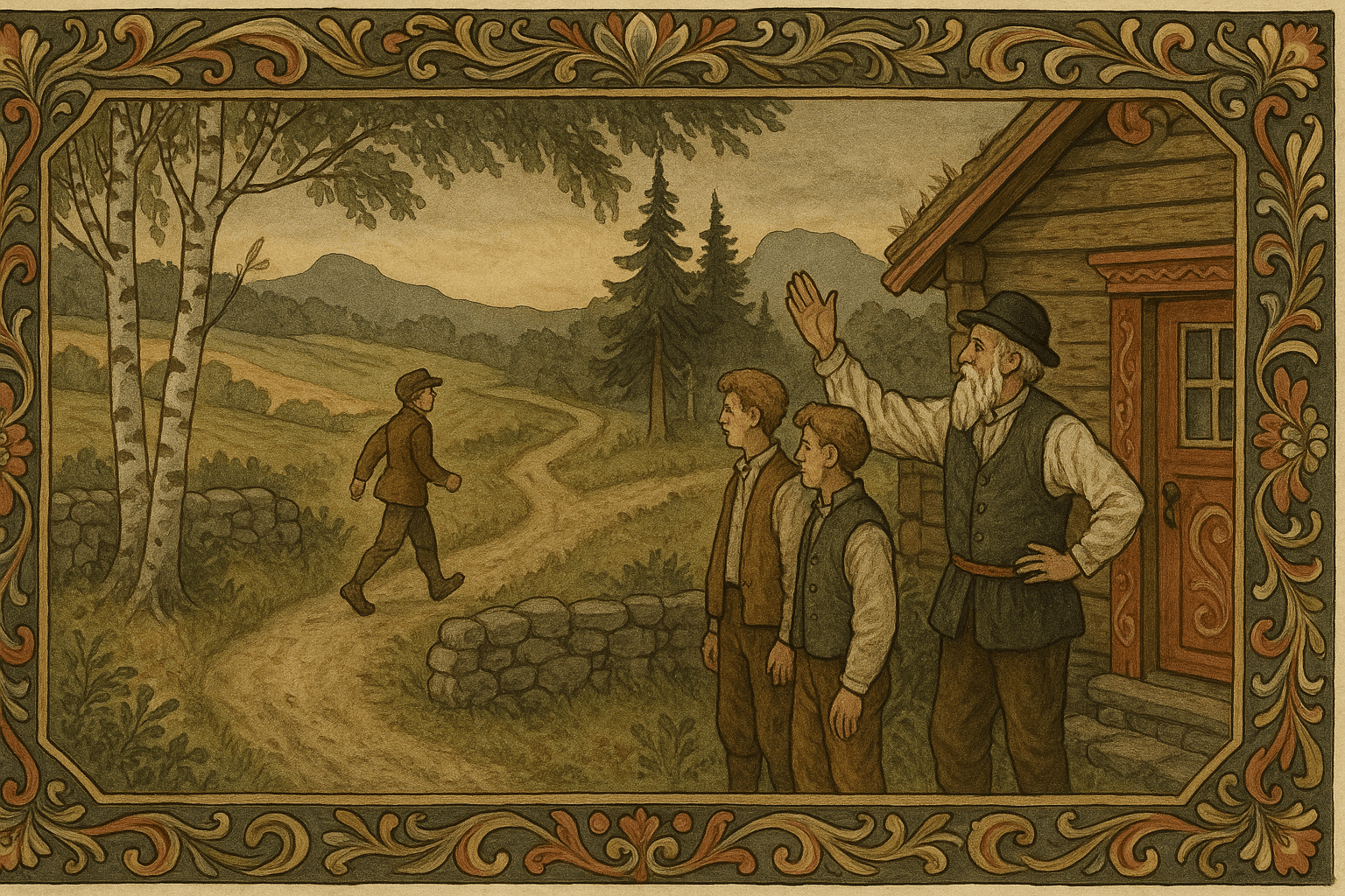 En husmann tar farvel med sine tre sønner ved et veikryss i norsk kulturlandskap. Den yngste sønnen går mot den skogkledde veien mens faren vinker bekymret.