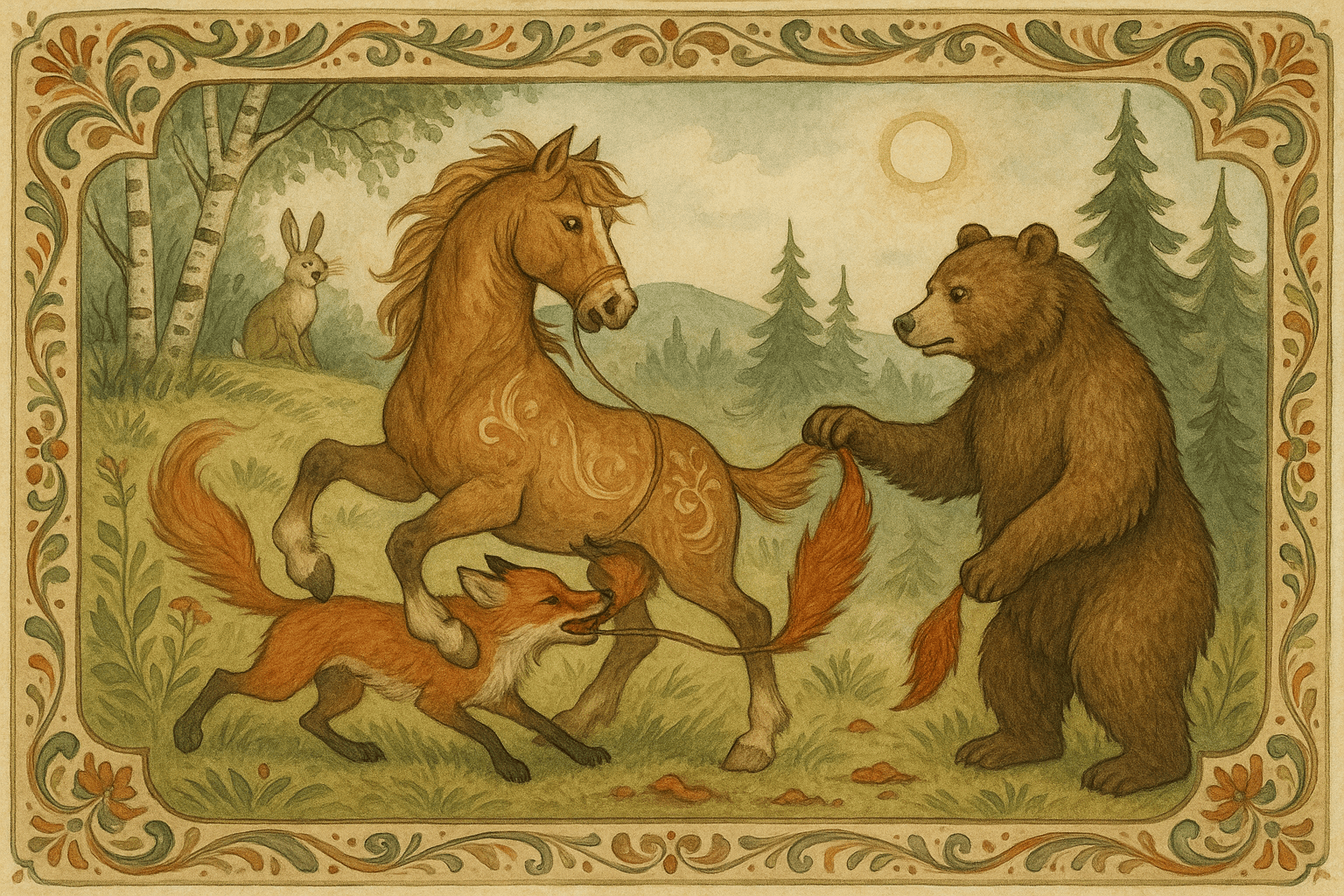 Reven Mikkel er bundet til en hest med hestetaglet og har tænderne i låret, mens bjørnen holder den røde haletuppen i labben. En hare sitter oppreist og ler i bakgrunnen på en solbakke med furuer og bjørk.
