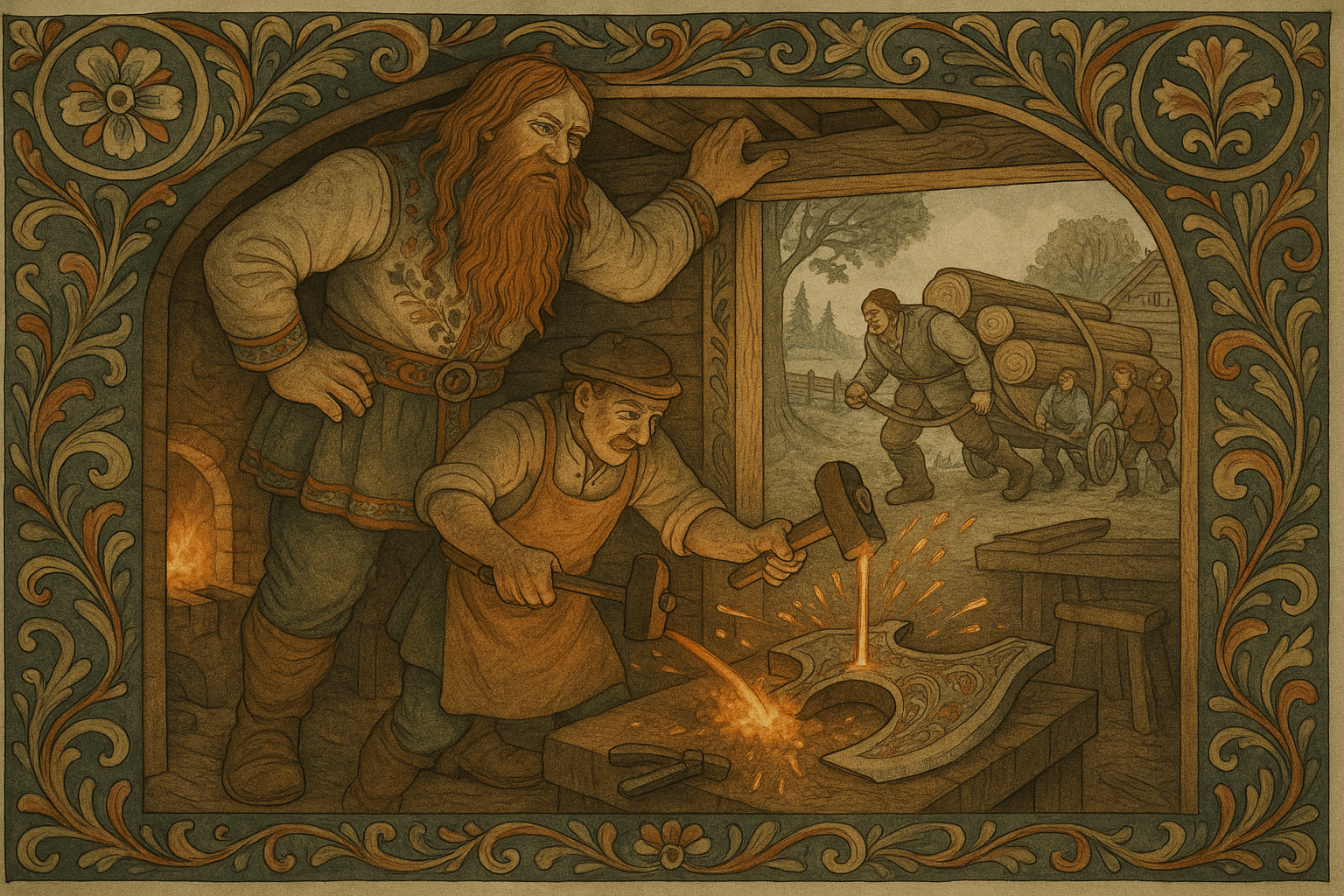 Mumle ved smia mens smeden heller glødende jern til en enorm øks; utenfor drar han et tungt lass tømmer mens hester faller til siden. Gardsfolk ser på i vantro.