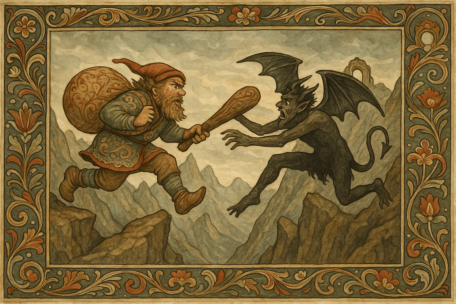 Mumle hopper mellom bergtopper med en full storskrepp mens Gamle-Erik kaster seg etter ham og treffer klubben, før han faller i dalen og brekker foten. Landskapet er dramatisk og villt.