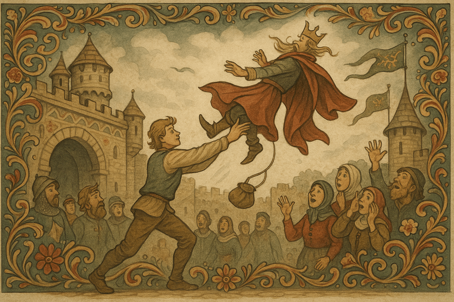 Mumle står på slottsplassen mens kongen med krone i vranglås svever opp mot himmelen med nisteskreppe. Folkemengden ser opp, forbløffet og munter.