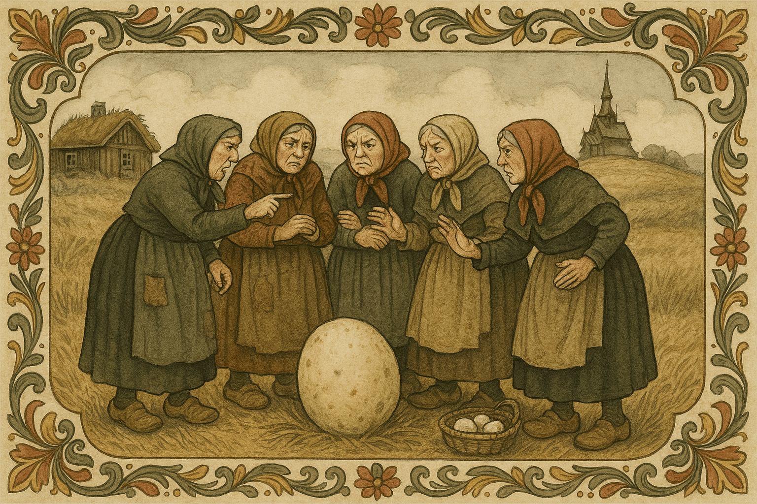 Fem kjerringer står rundt et kjempestort gåseegg på en åker med gamle tunbygninger i bakgrunnen; de viser sinne og forventning. Bildet viser tradisjonelle klær og en jordnær, nordisk landskapsscene.