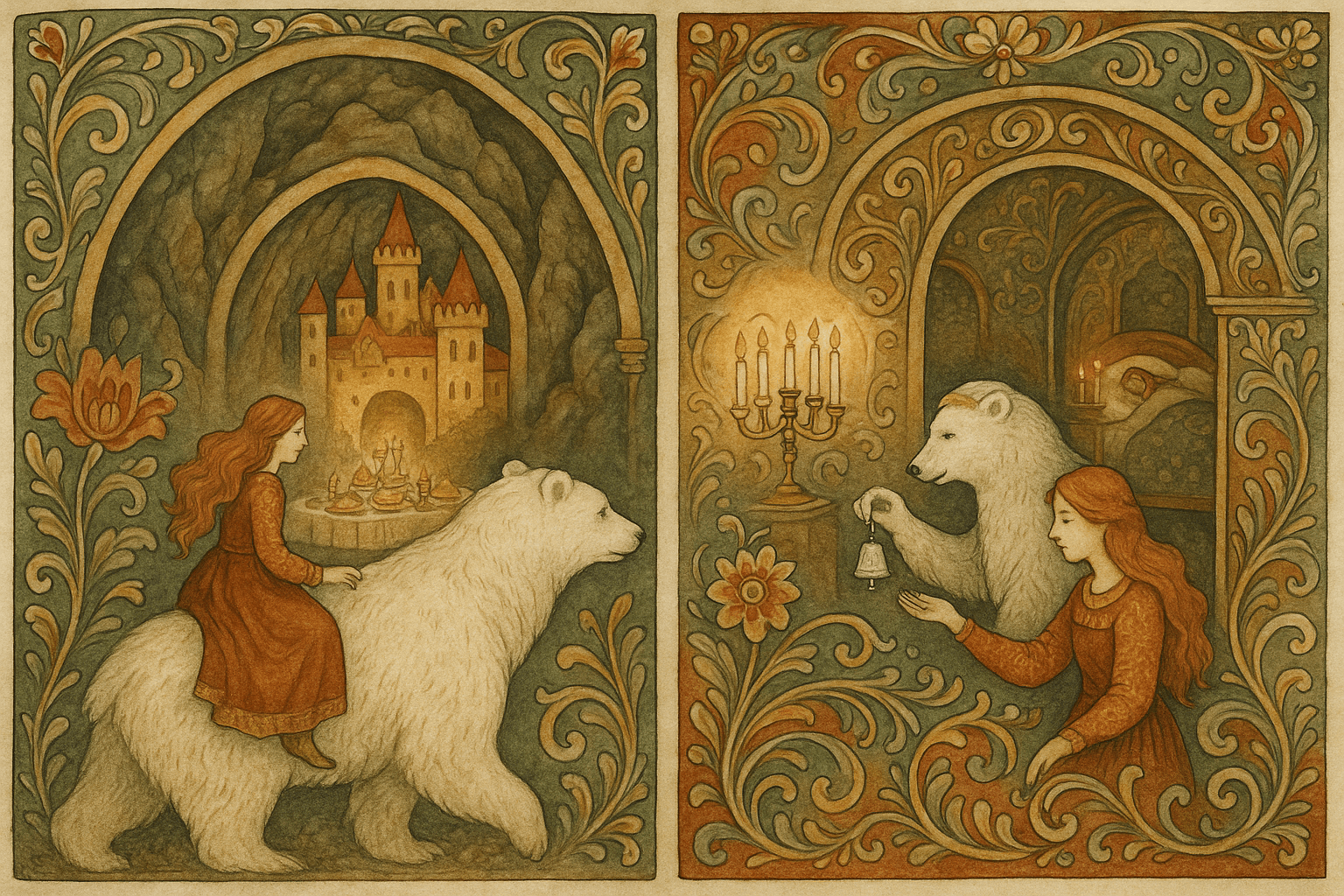 Jenta på kvitbjørnens rygg foran en port i et berg, slottets sal fylt med gull og sølv og en sølvklokke i hånden hennes.