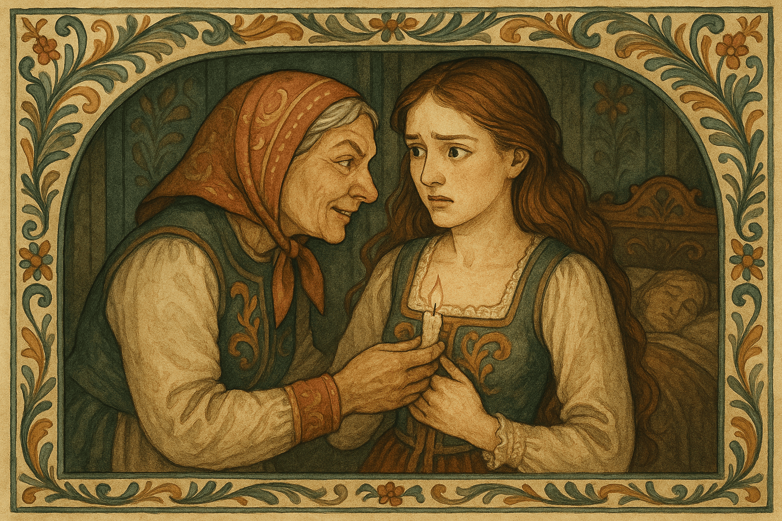 Gjenforening hjemme hos foreldrene, moren gir jenta en lysestubb som hun gjemmer i barmen og advarer henne.