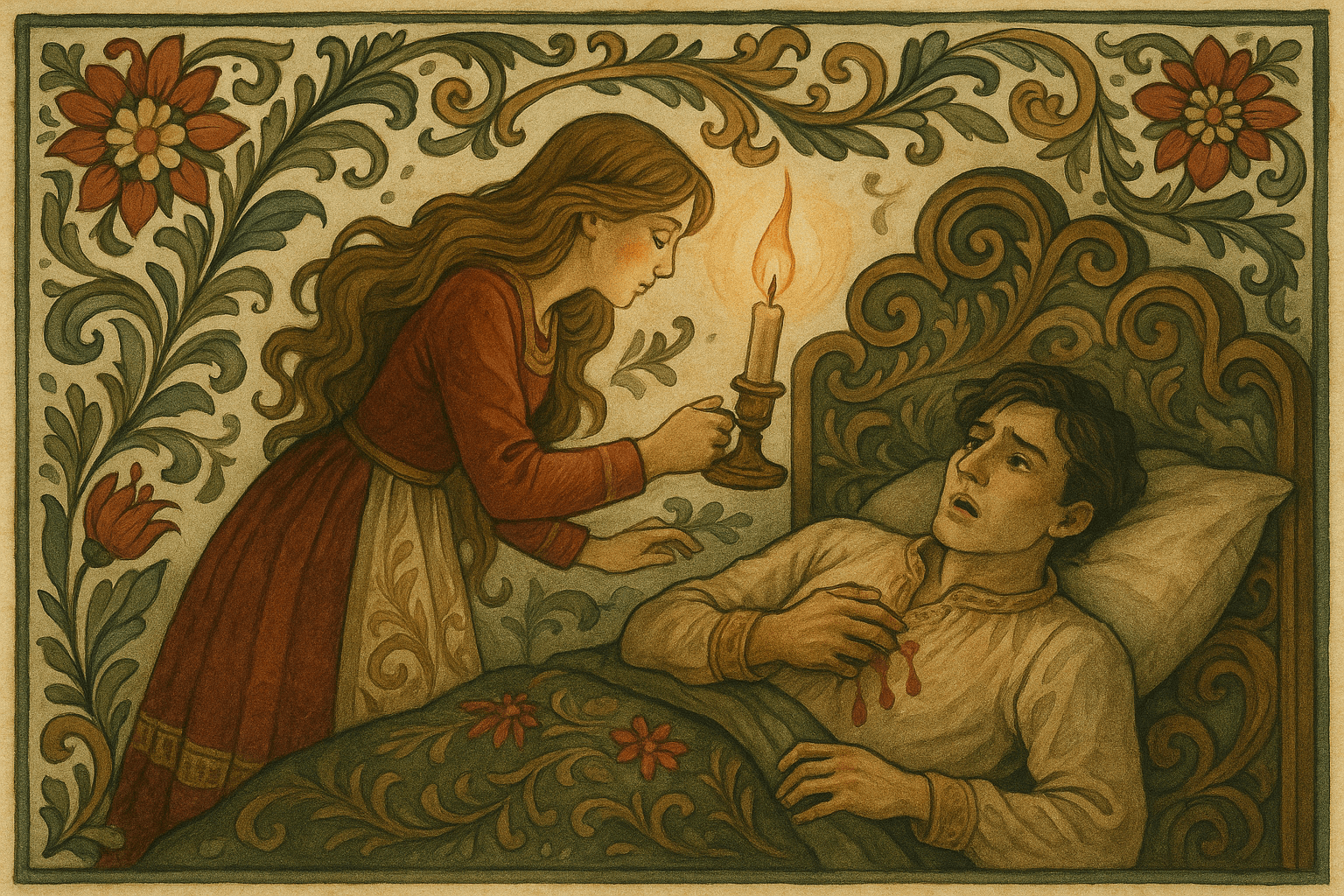 Jenta lyser på en sovende prins, kysser ham og tre talgdråper faller på skjorten, prinsen våkner og må straks reise bort.