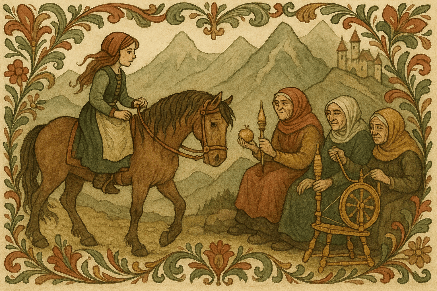 Jenta møter tre gamle kjerringer i fjellet som gir henne et gulleple, et gullhespetre og en gullrokk for reisen.