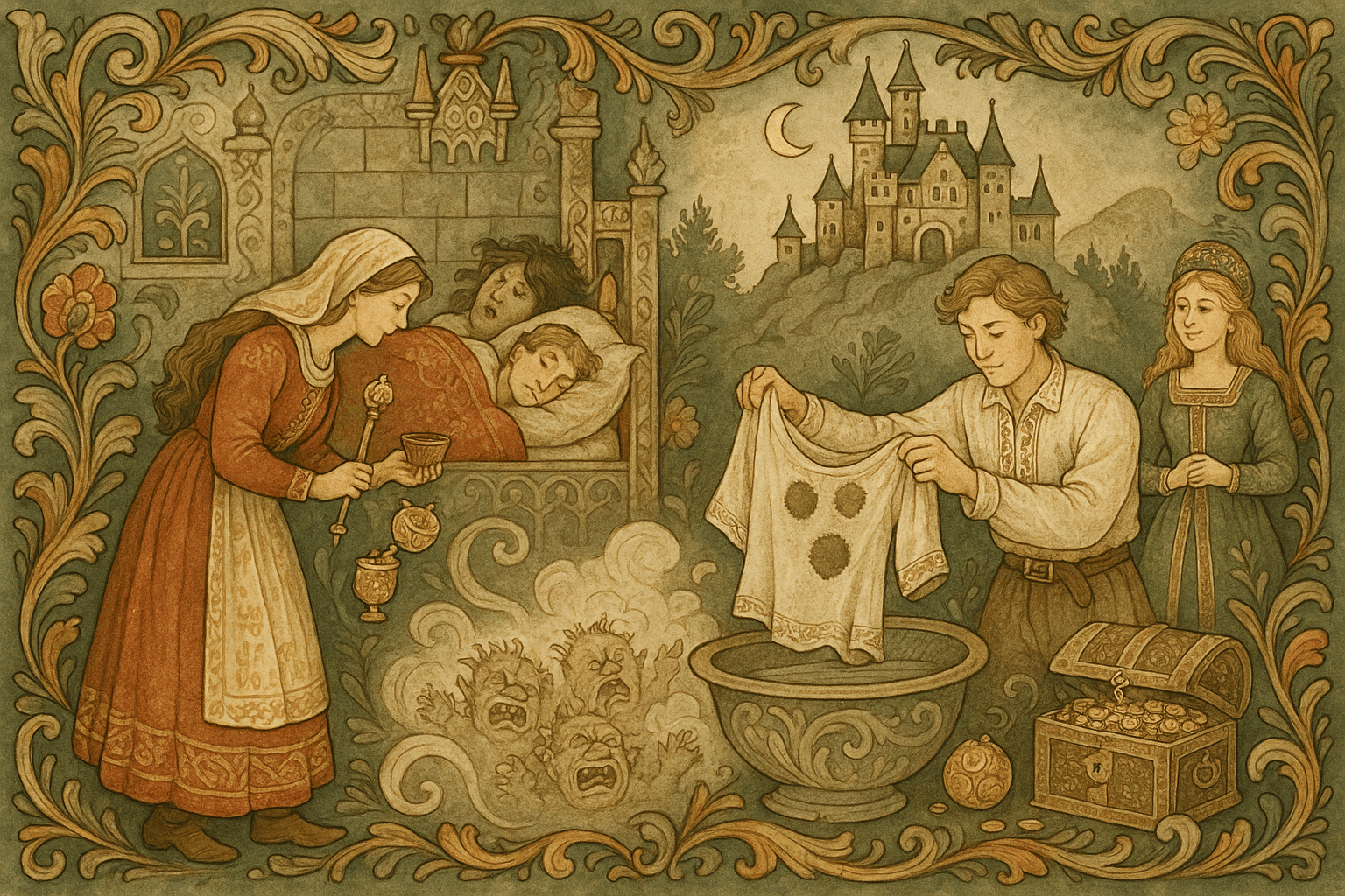 Jenta vasker skjorten med tre talgflekker hvit, trollene sprekker og prinsen og hans brud forlater slottet med gull og sølv.