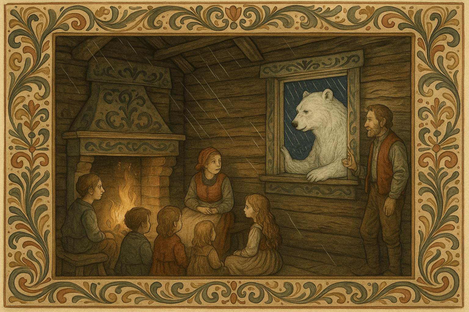 En liten tømmerstue i storm om torsdagskvelden, familien rundt peisen og en stor kvitbjørn som står ved vinduet og taler med husmannen.