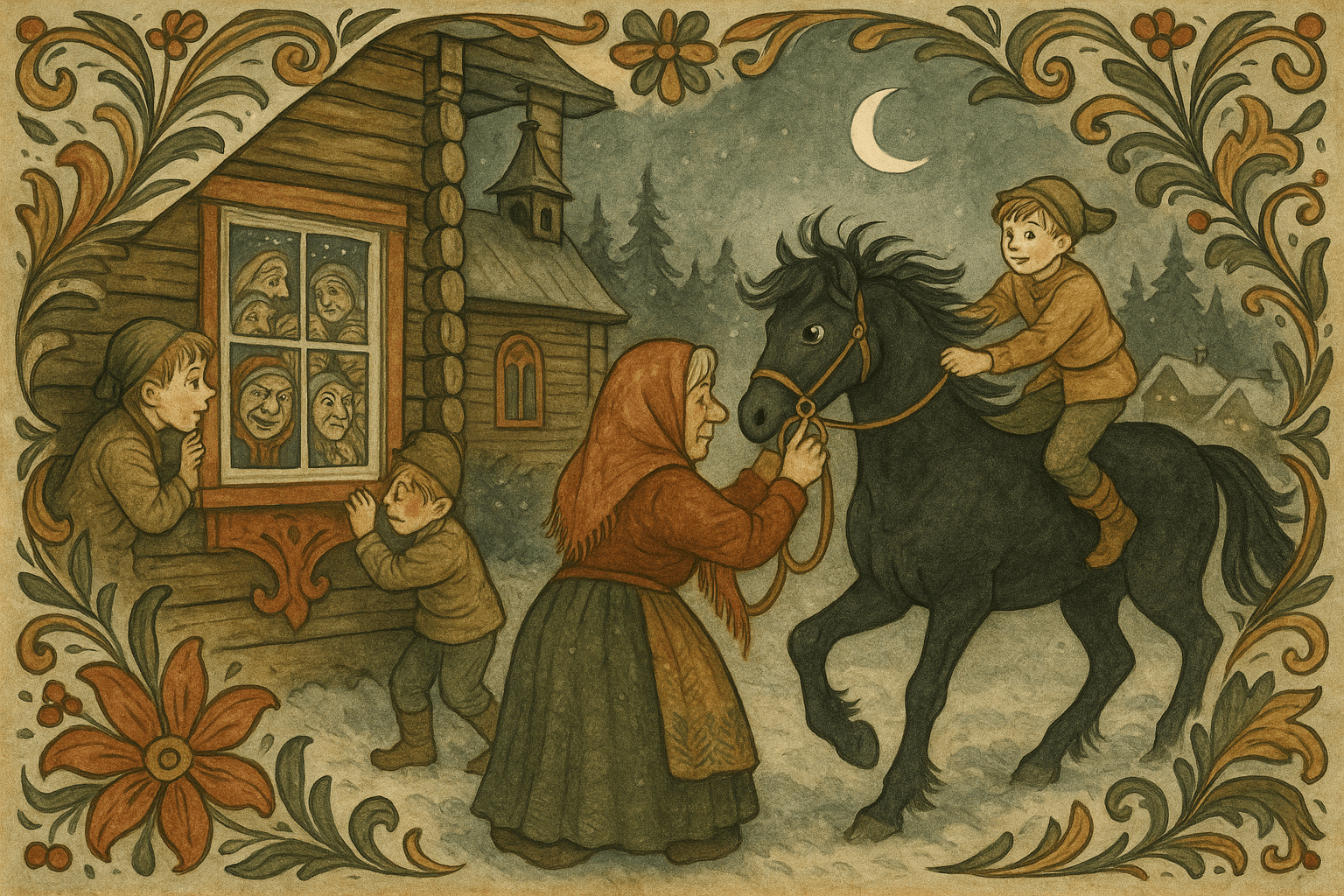 En gutt titter inn i en kirke på juleaften og smyger seg ut for å legge en grime over prestefrua, som forvandler seg til ei svart merr.