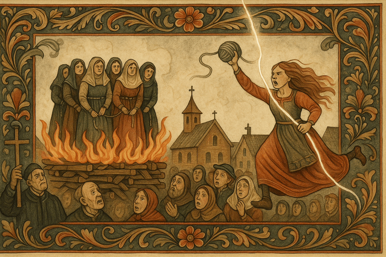 Åtte kjerringer er bundet på et bål, folkemengde og prest ser på, mens prestefrua kaster opp et grått garnnøste og klatrer opp etter tråden.