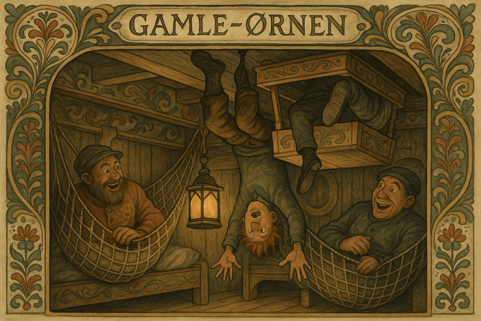 Under dekk henger en køye som er firt ned over en sovende sjømann, mens andre menn ser forskrekket og morsk på hverandre.