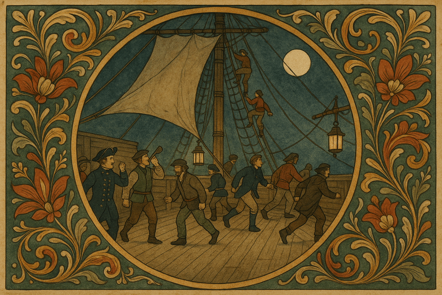 Mannskapet gjør seg klar ved midnatt etter kommandoen «klart til å vende», båtsmannspiper lyder og menn skynder seg til vaktene.