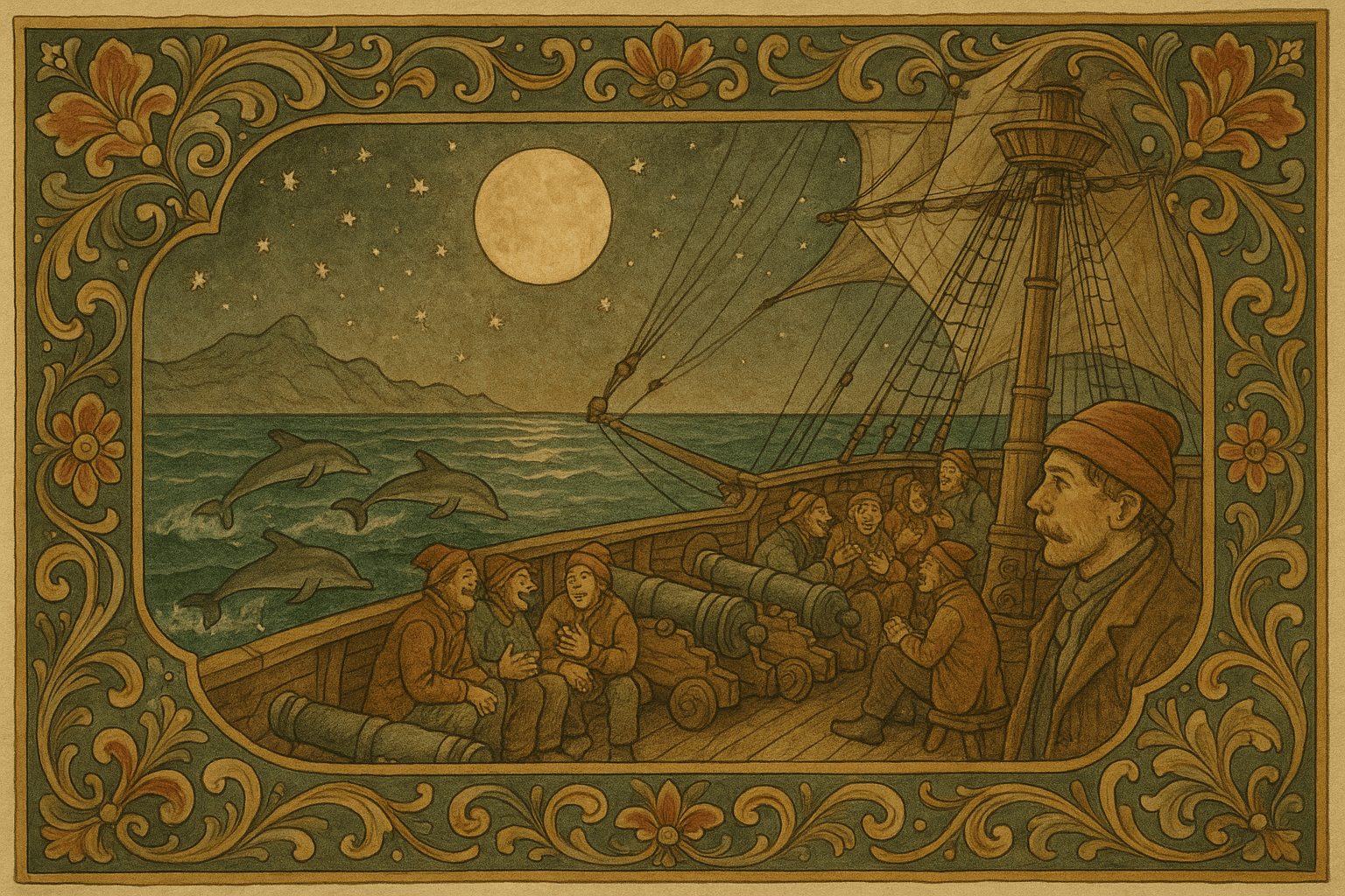 Mannskap og passasjerer står samlet på dekk av korvetten Ørnen ved Middelhavet om natten, med delfiner og sjøglød rundt skipet.