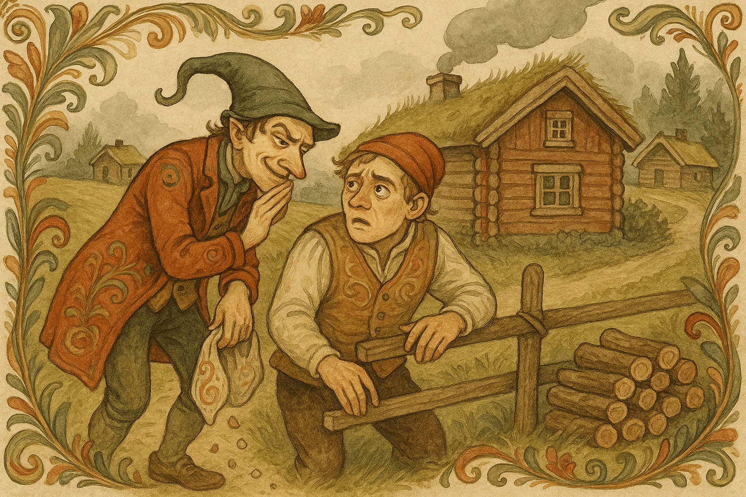 Tjenestegutten går mot Pål Andrestuas hus og slipper lefse-smuler mens han hvisker at kallen vil sette øksa i Pål; Pål ser forskrekket ut ved gjerdet.