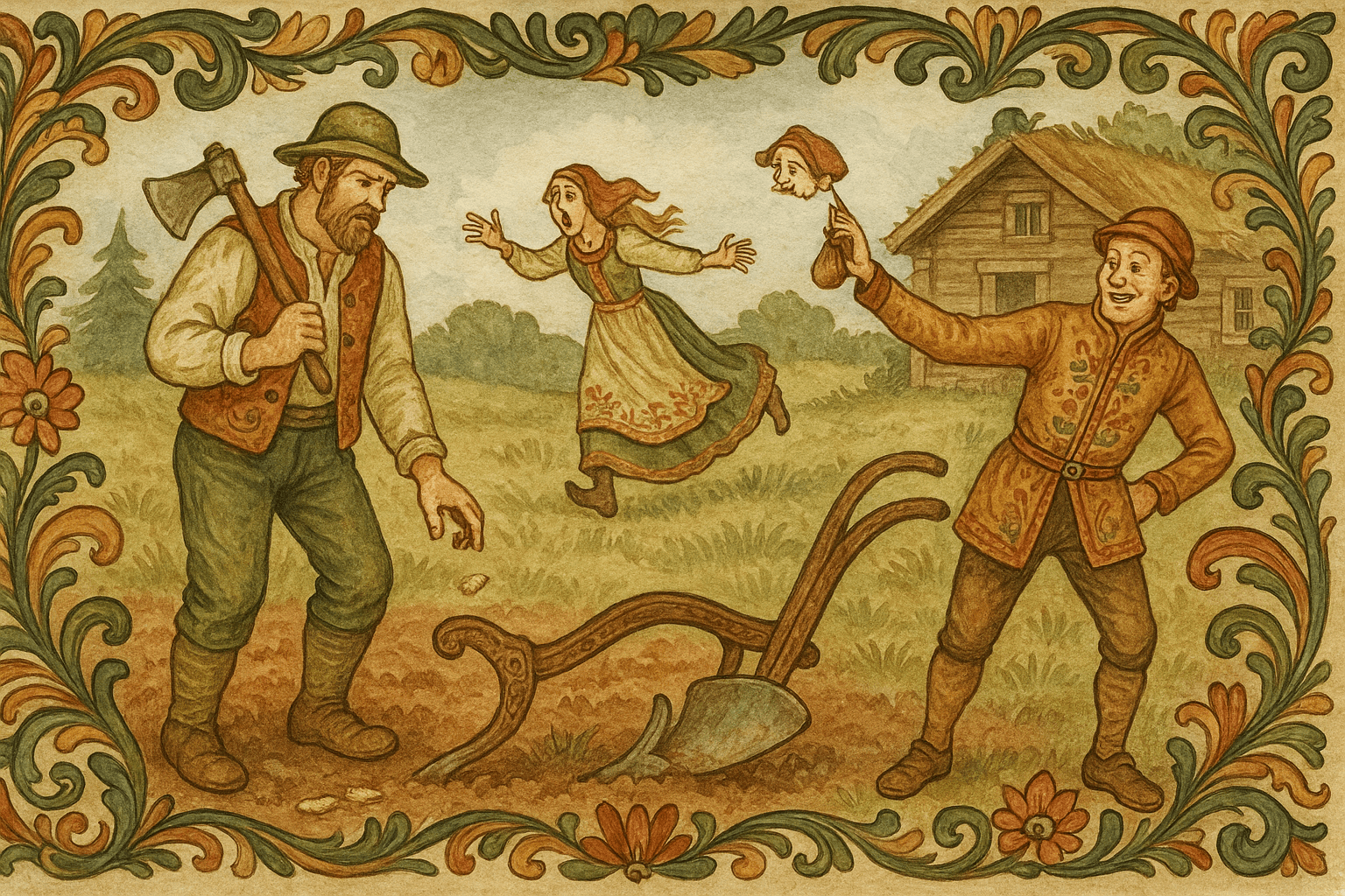 Mannen med øksa bøyer seg og plukker opp lefse-smuler ved plogen mens kjerringa løper og trygler ham; tjenestegutten står fornøyd med en liten pengesekk.