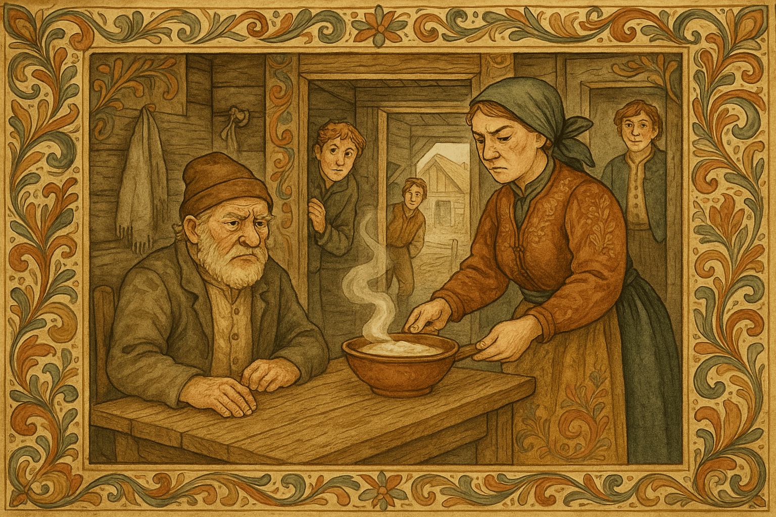 I svalen viser en kjerring fram rømmegrøt mens den tunghørte mannen ser forvirret ut; tjenestegutten titter inn fra låven og ser Pål Andrestua i den andre stua.