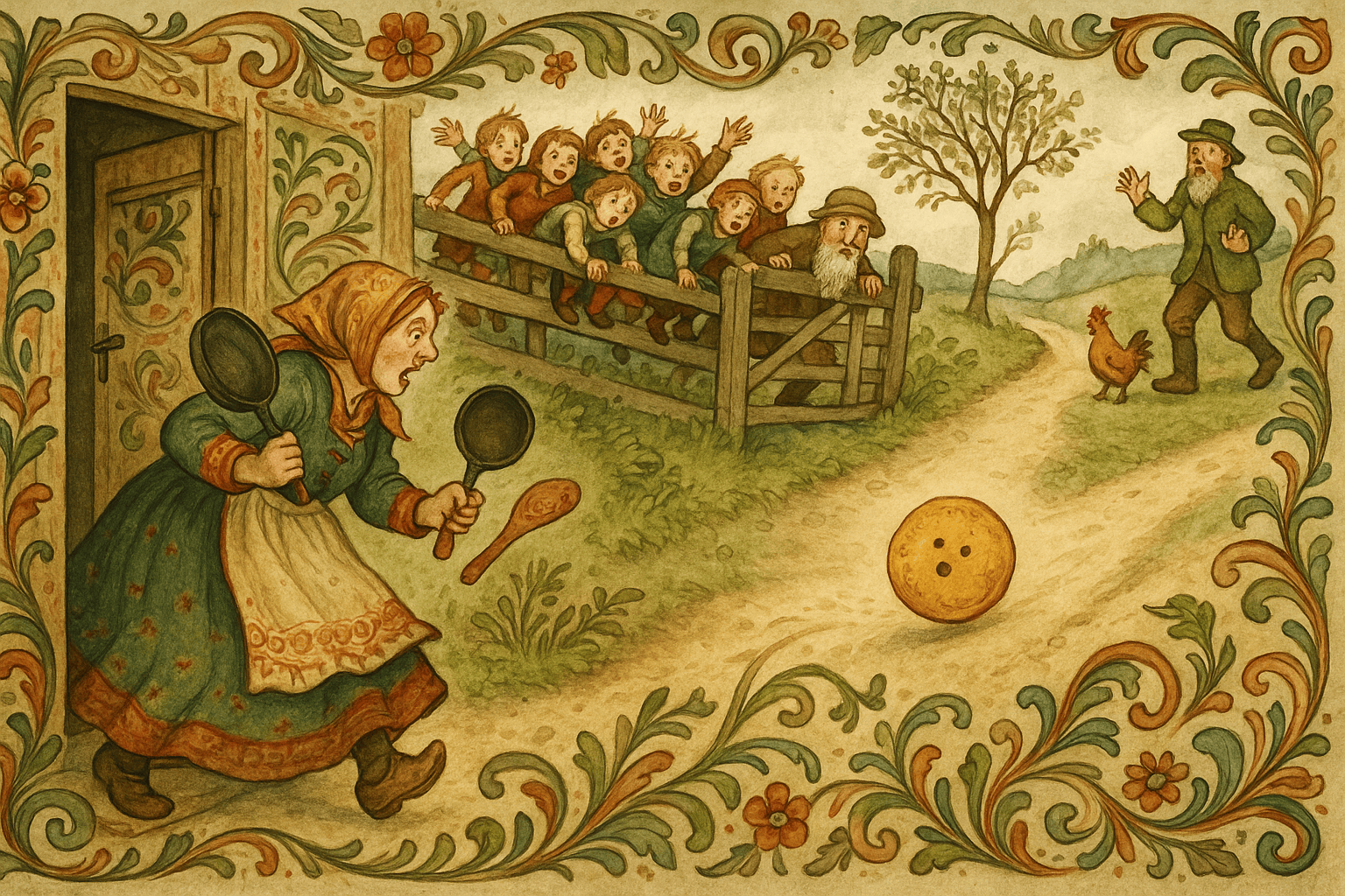 Pannekaken ruller ut gjennom døren mens kona, barna og gamlefar jagar etter den over tunet, og en mann og ei høne ser overrasket på.