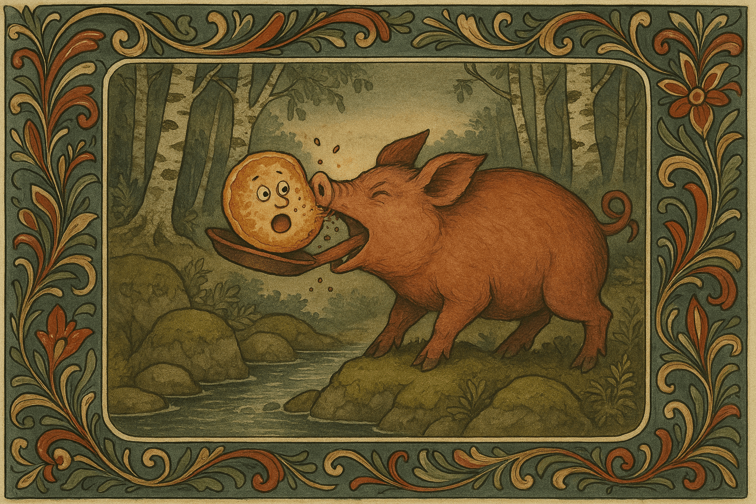 En slu gris ved en bekk setter pannekaken på snuten og spiser den i ett jafs mens smuler spruter omkring.