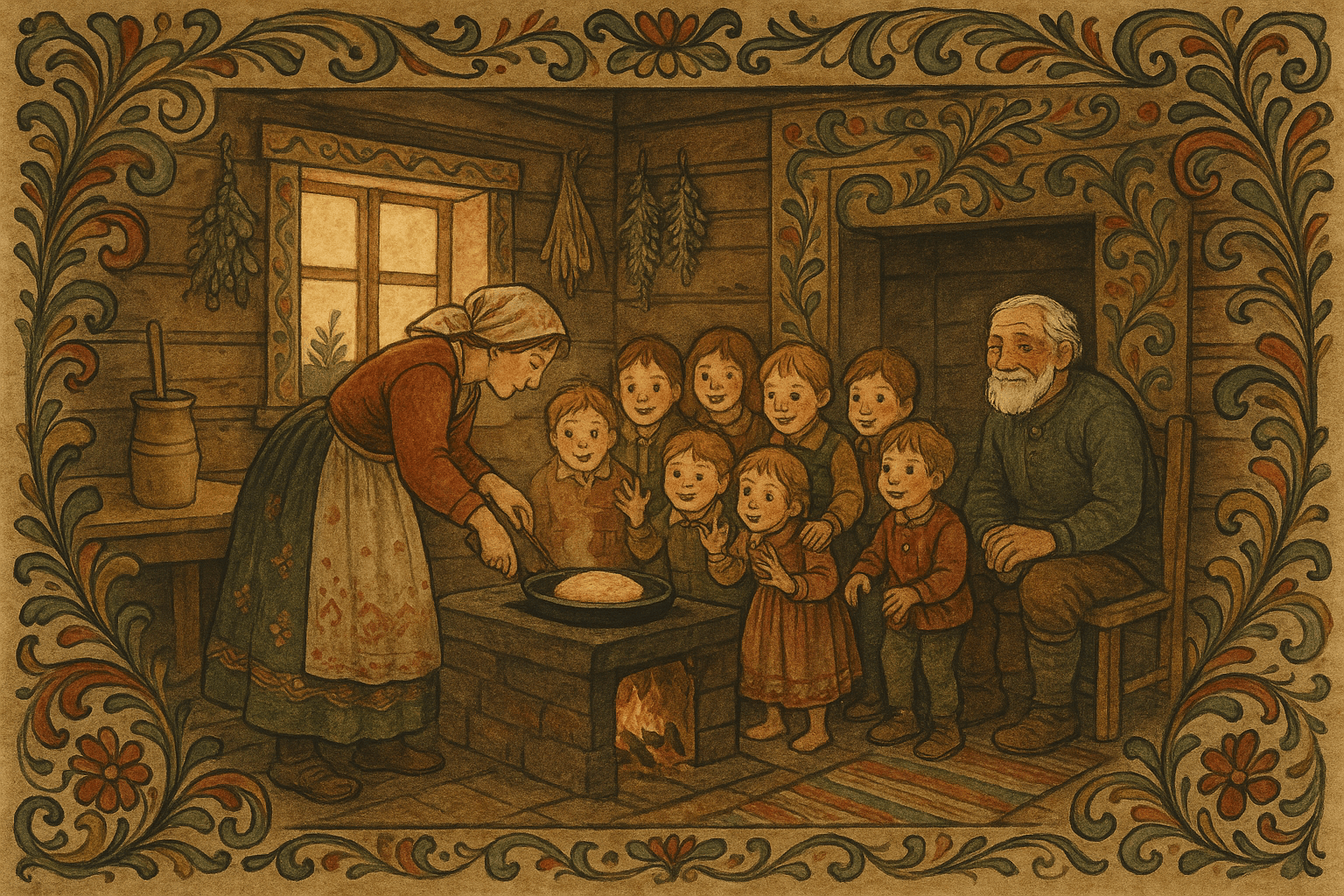 En kone står ved ildstedet og steker en tykk pannekake mens sju unger ber om å få smake, og gamlefar ser på fra en krakk.
