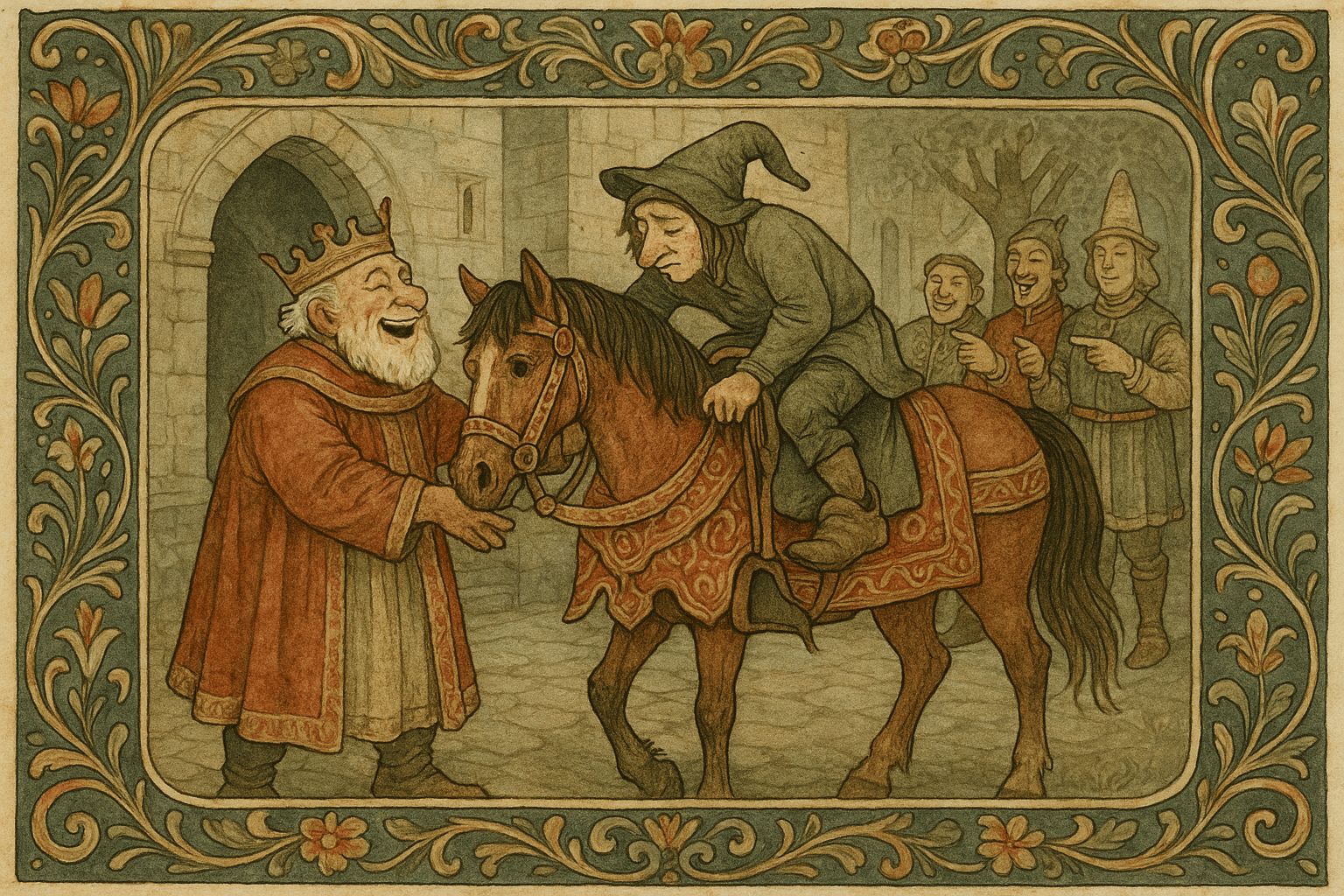 Kongen ler mens han setter den klossete Peik oppå en kostbar hest, tjenere ser på og peker, og skogen venter i bakgrunnen.