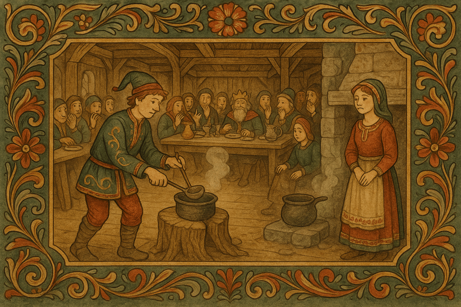 Peik rører i en gryte plassert på en stubbe mens søsteren har satt en nesten tom gryte ved ilden; gjester og kongen ser forundret på.