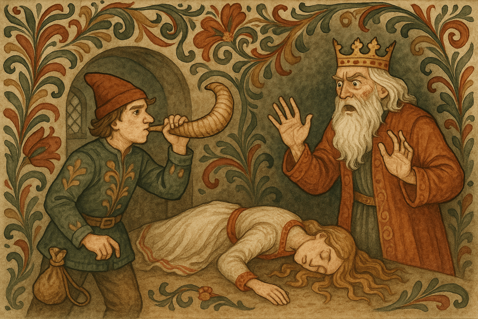 Kongen ser forskrekket på mens søsteren ligger bevisstløs på gulvet og Peik blåser i et bukkehorn for å gi henne liv igjen.