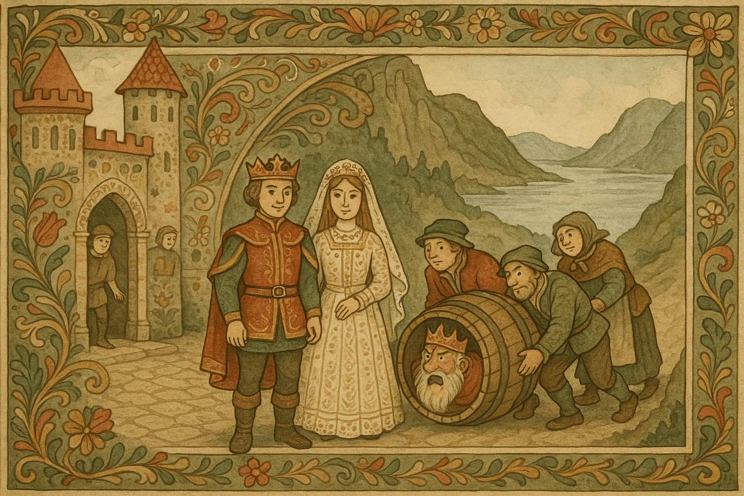 Peik kronet og ved siden av bruden, ser mens tjenerne ruller en tønne med den rasende kongen ut mot fjorden.