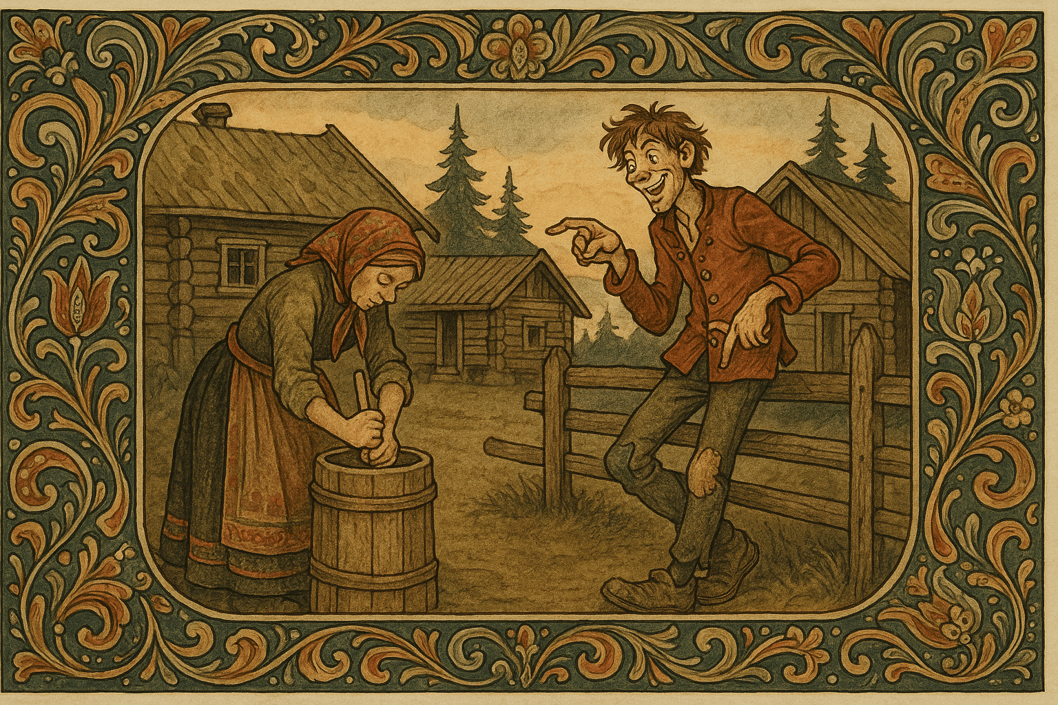 En bondegård i skumring, søsteren arbeider ved husarbeid mens Peik står og tuller ved gjerdet, begge tvillinger i ulike klær.