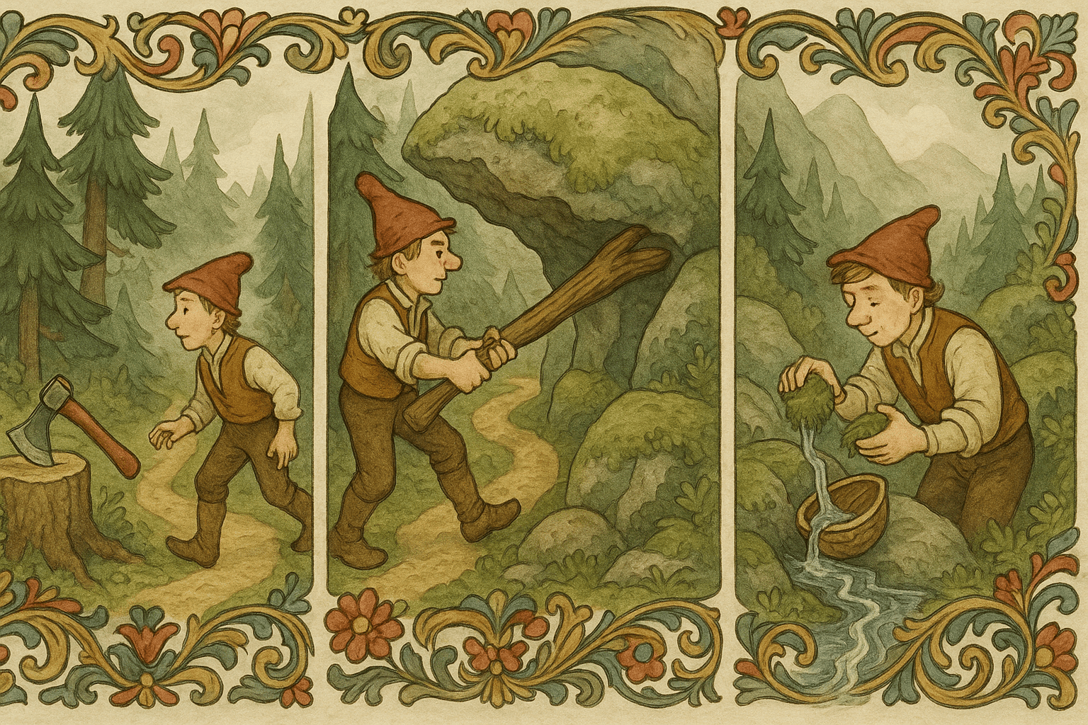 Tre øyeblikksbilder langs stien: Espen finner en huggende øks, et grev under berghammeren og en valnøtt som sildrer i bekken.