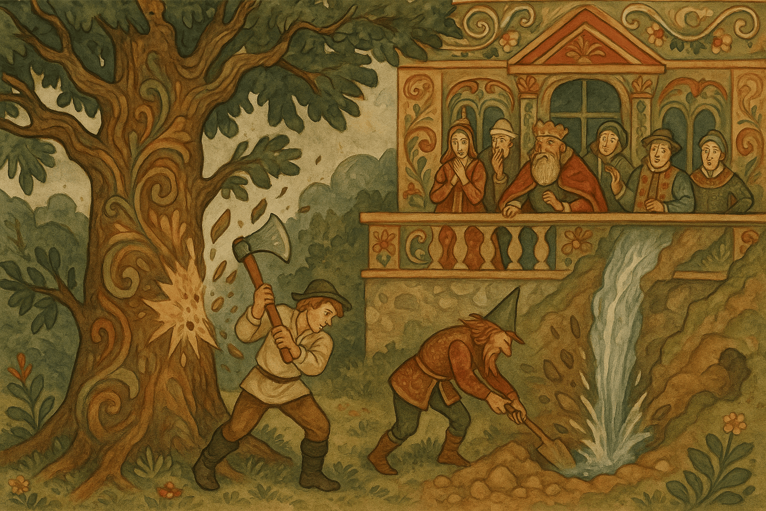 Espen bruker de magiske redskapene: øksa feller den store eika, grevet graver en brønn, og valnøtten slipper vannet løs mens kongen og hoffet ser på.