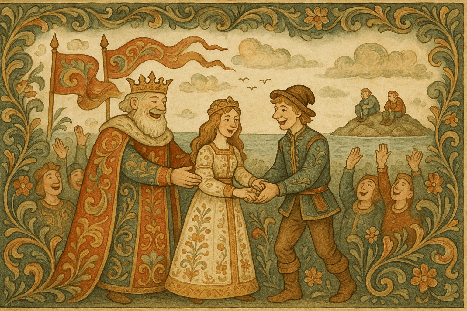 Espen får kongsdatteren og halve riket i kongens gård, mens Per og Pål sitter på en øde øy med avklipte ører i det fjerne.