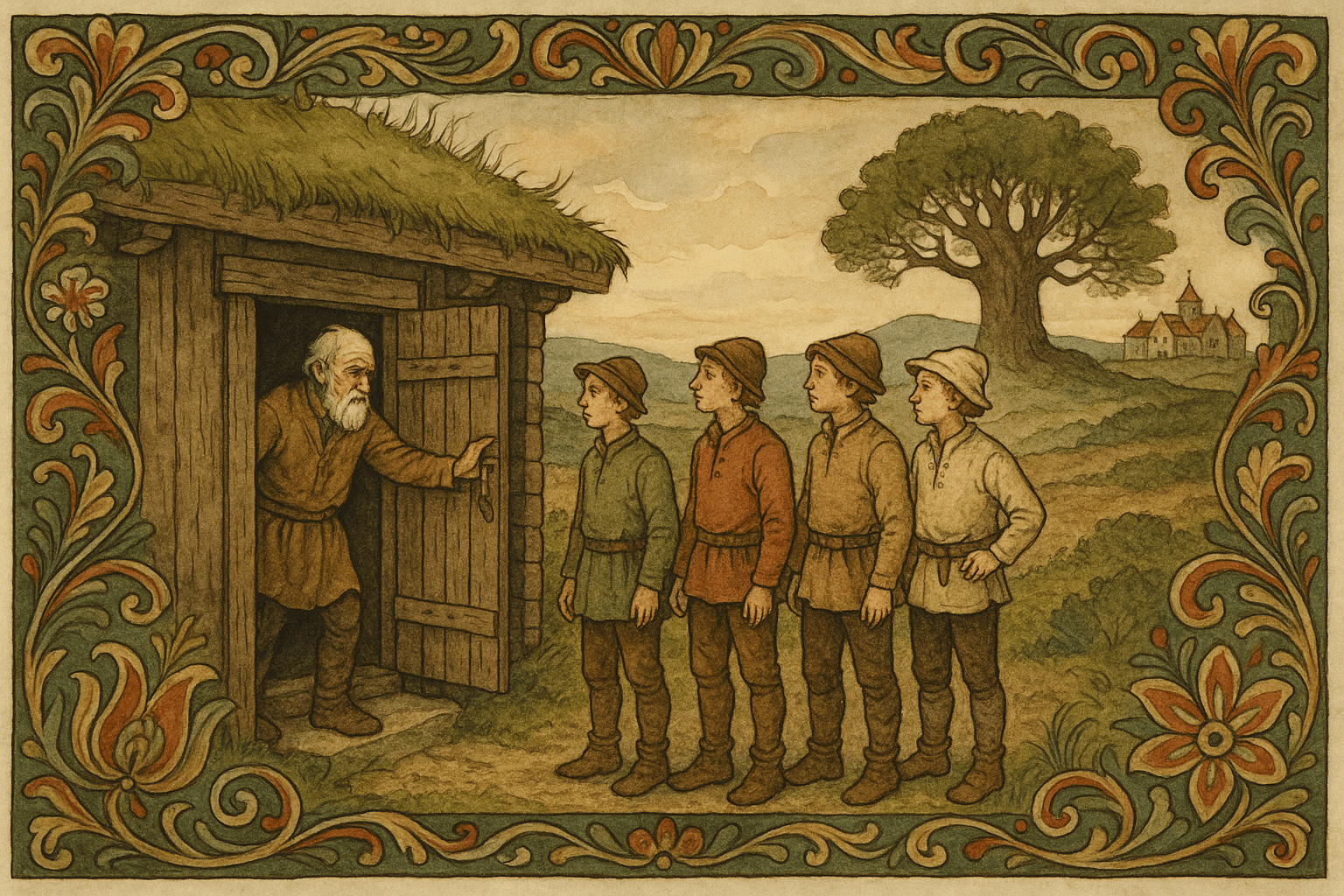 En fattig bondegård ved daggry, faren sier farvel til Per, Pål og Espen Askeladd mens en stor eik ved kongsgården rager i det fjerne.