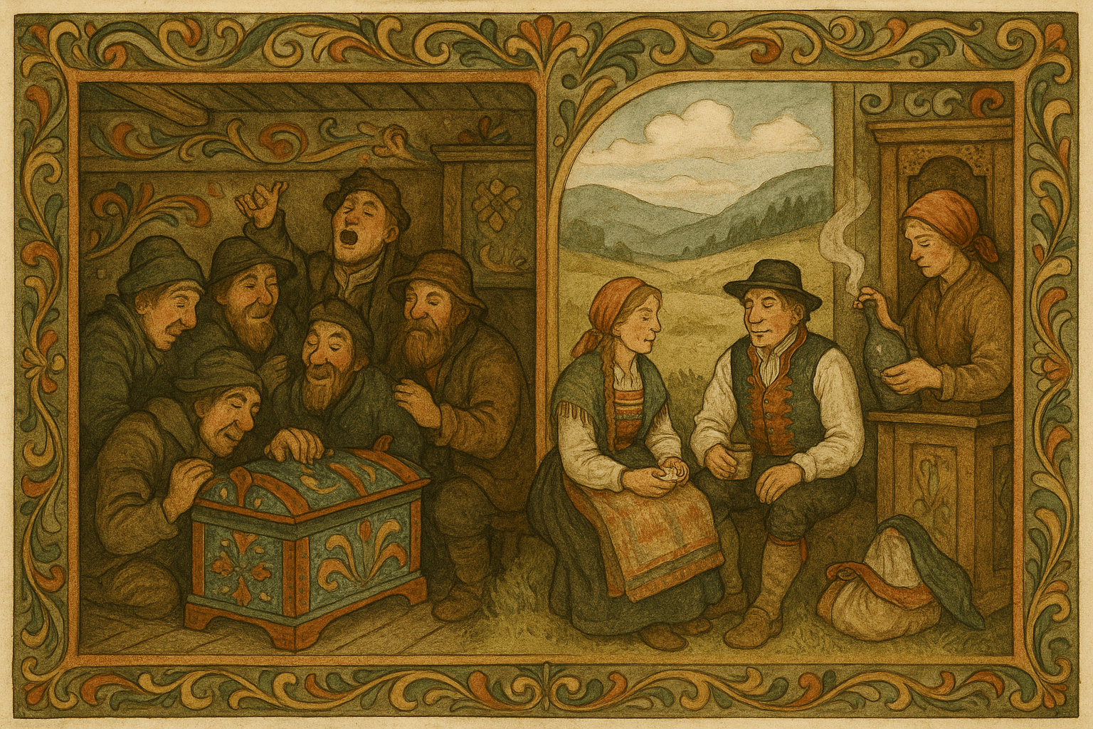 Interiør i hvilestedet ved Borrebekken med kjørere, fjellbønder og en kvinne som skjenker brennevin fra en gammel flaske.