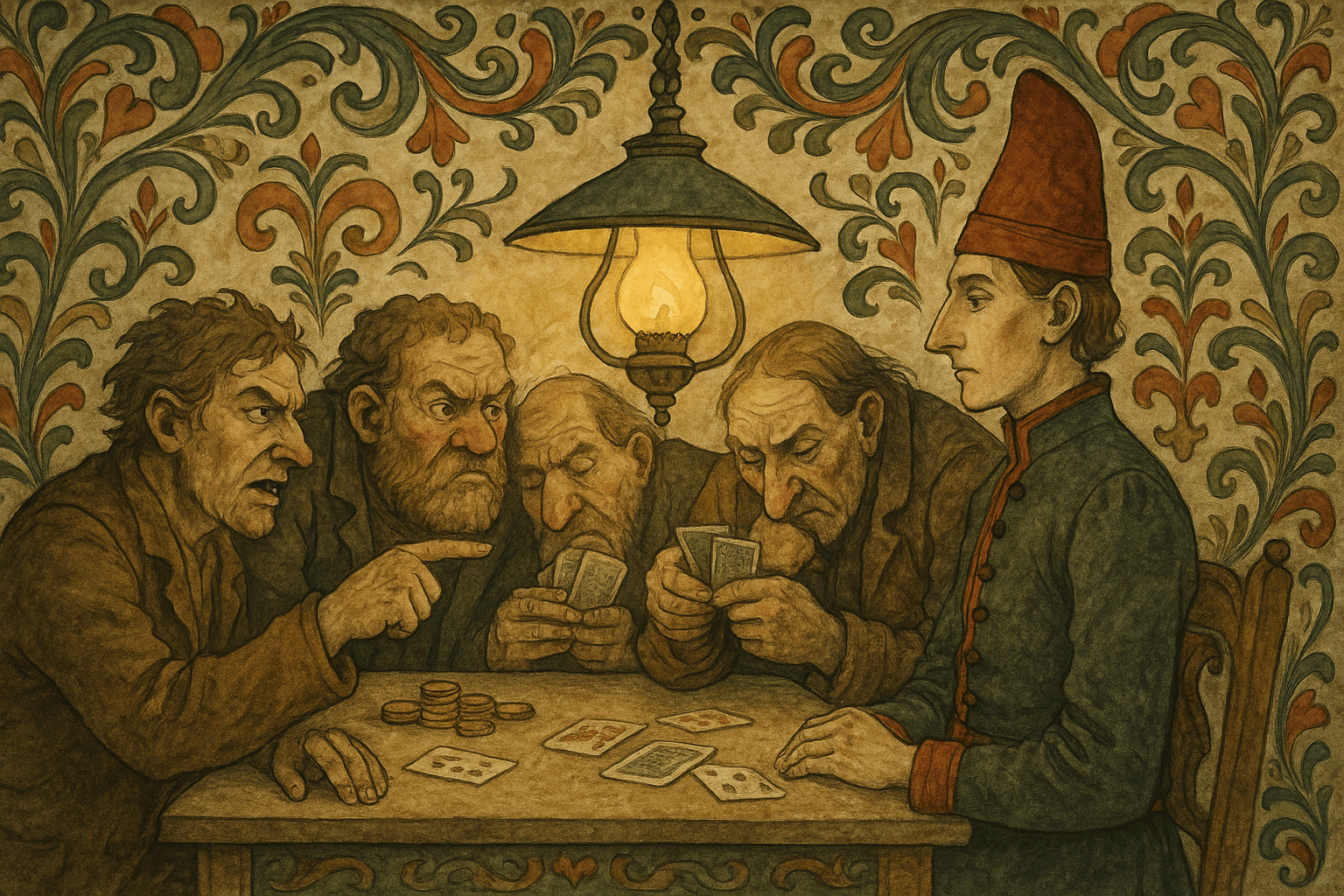 Hallendingen sitter rolig ved kortbordet mens tre plankekjørere skjeller og mistenker ham for juks.