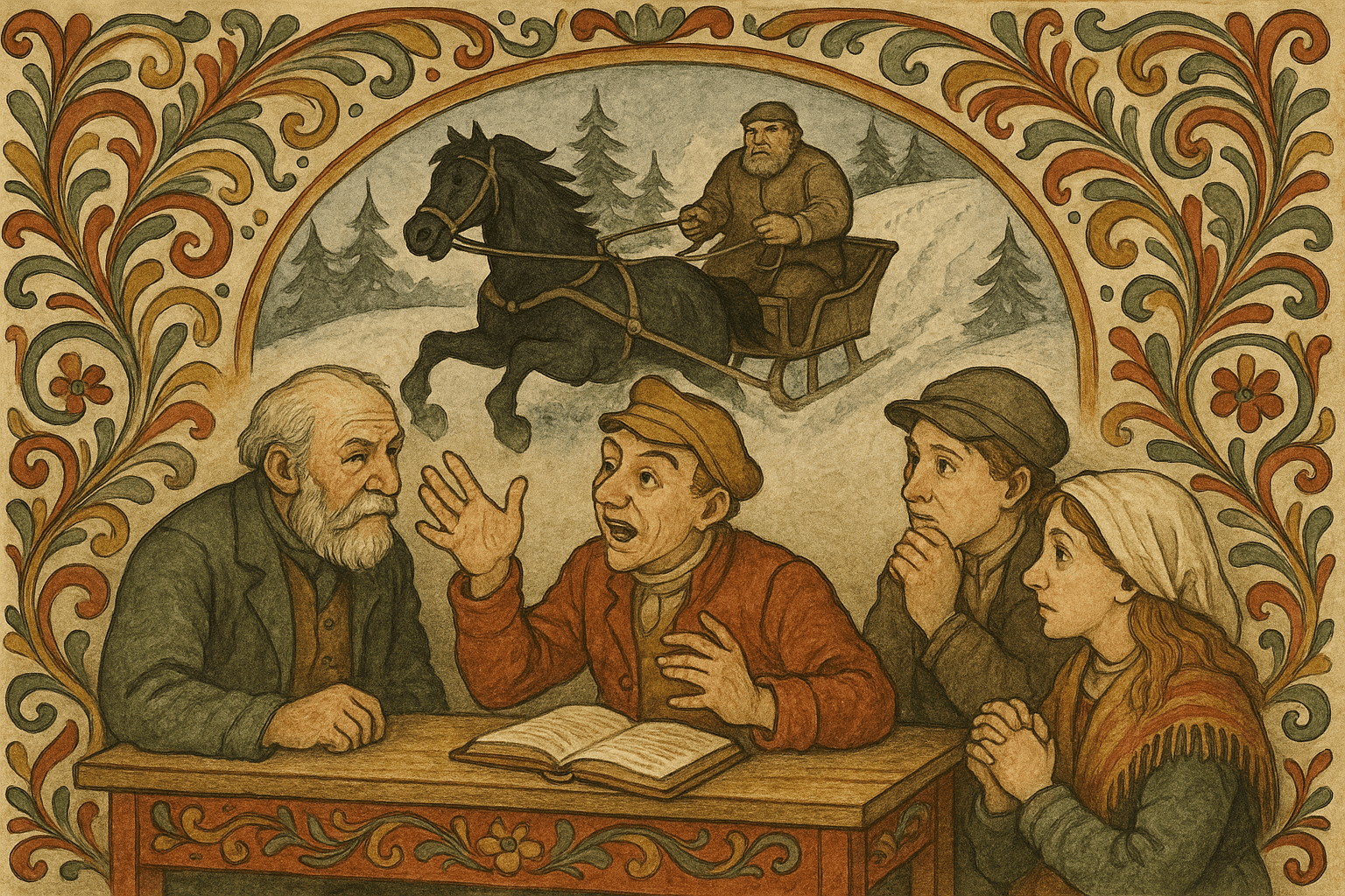 Artilleristen forteller med store bevegelser mens andre lytter, og bildet antyder en natteflukt med svart hest opp Sinsenbakken.