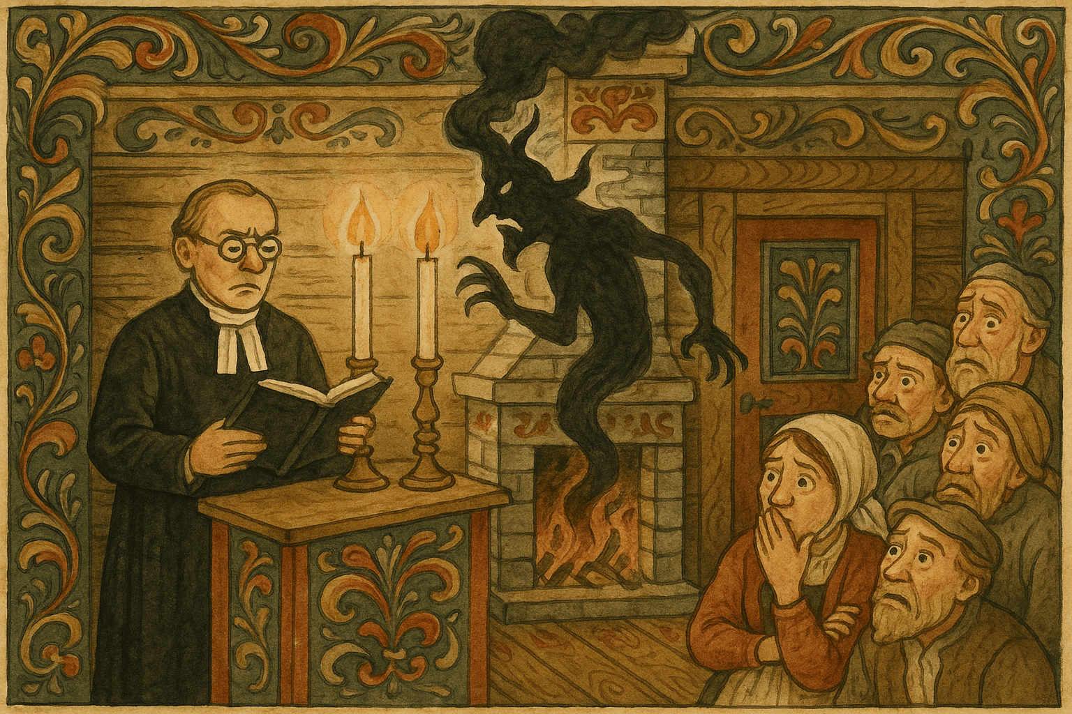 Røykenpresten maner fanden ut av stuen; svart røyk stiger ut av pipa mens folk ser forskrekket på.