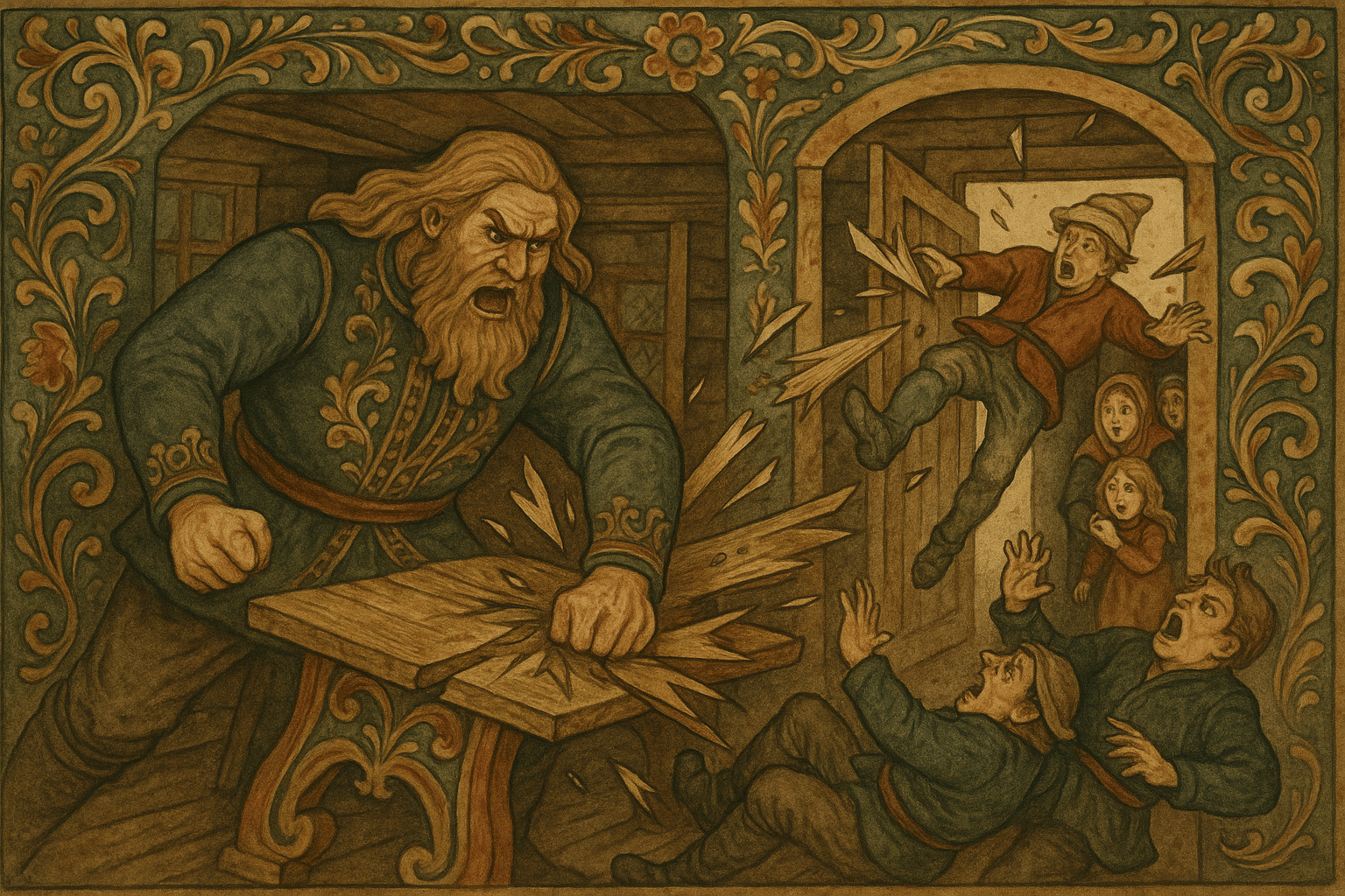 Hallendingen slår i bordet og kaster kjørere ut, en mann flyr gjennom døra mens kvinner skuer inn fra kjøkkenet.