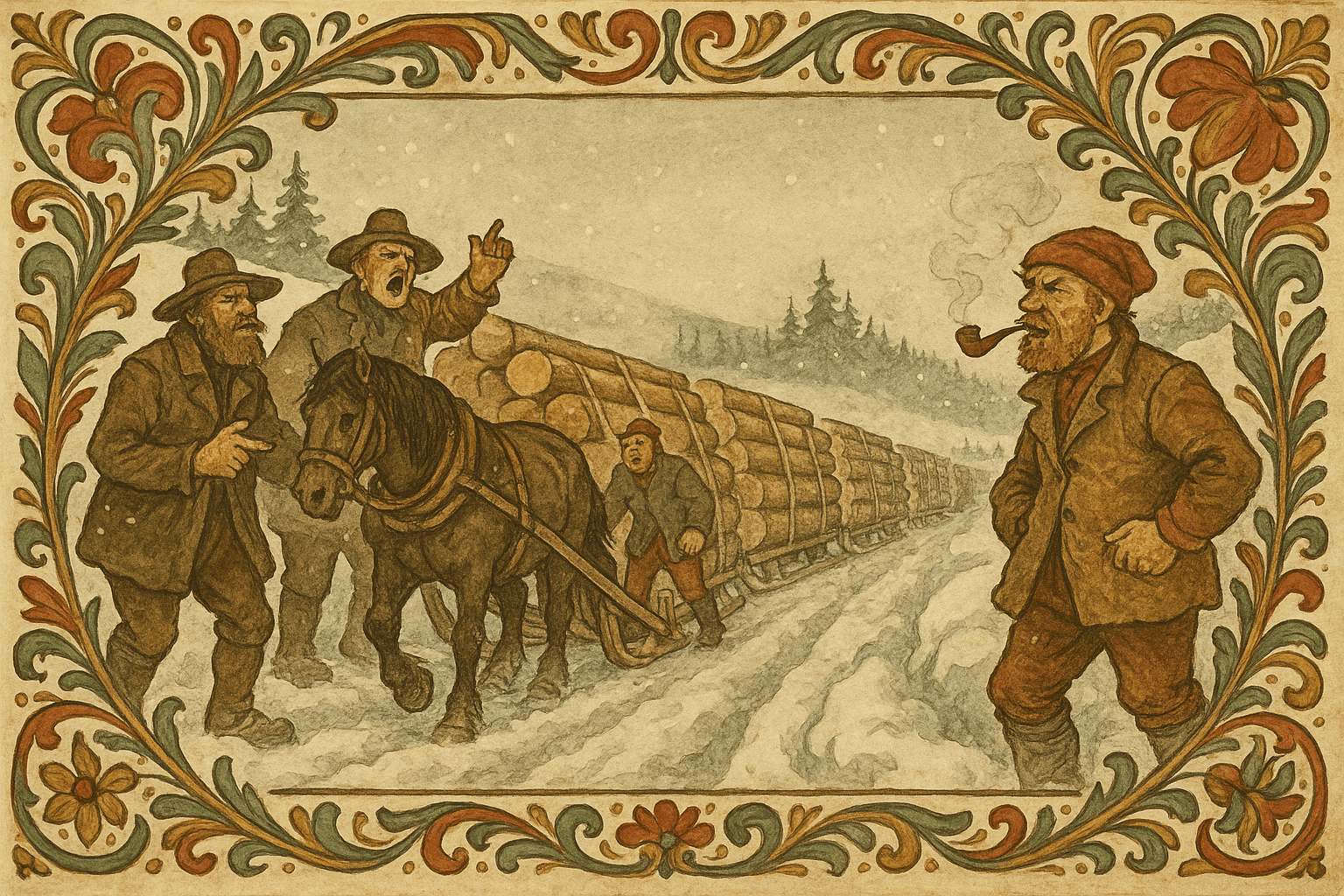 Vintervei med mange planke­sleder og plankekjørere som sperrer ferdselen, hester i snø og rutete spor.