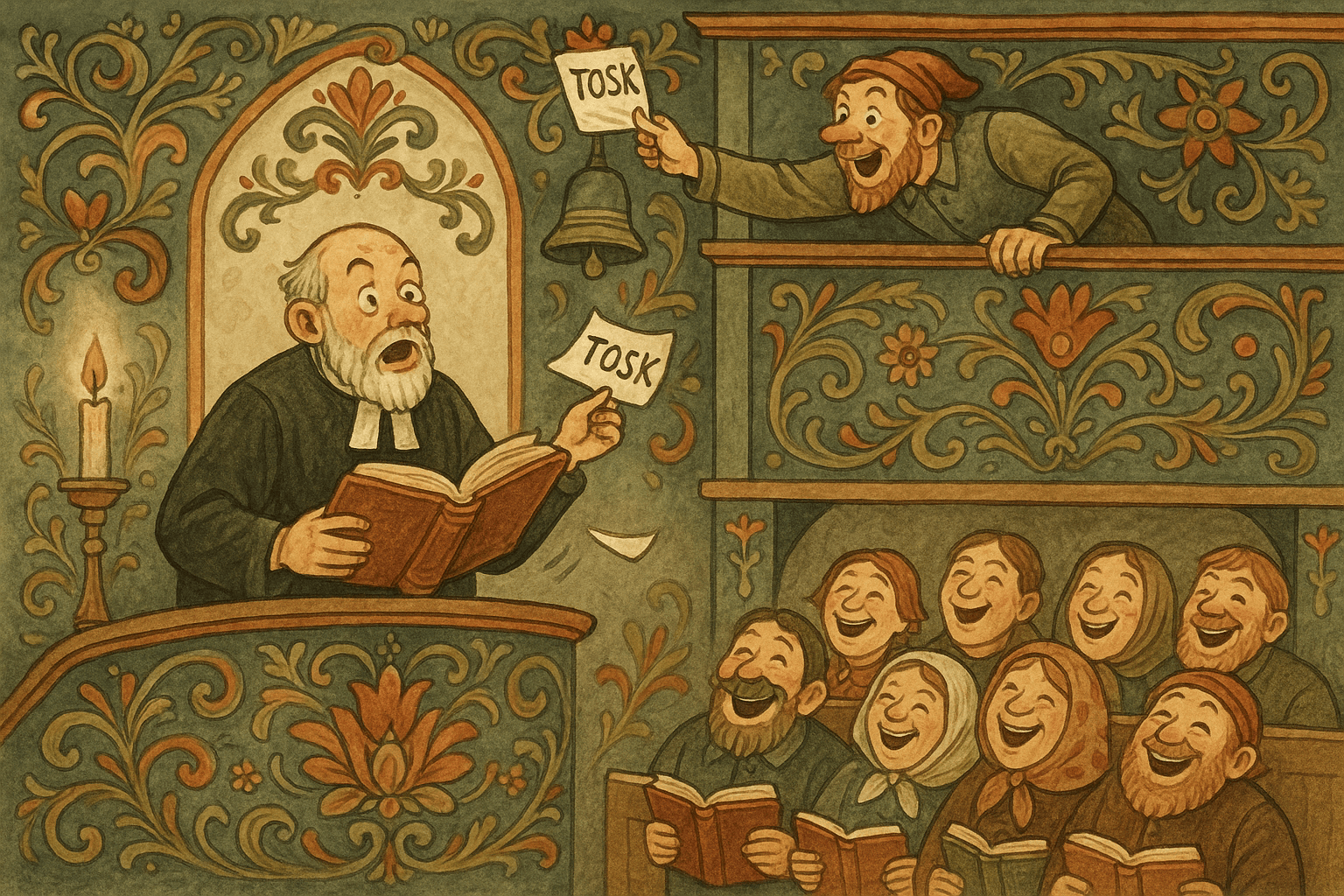 Presten leser lappen i kirkeboken og klokkeren roper tilbake fra galleriet; menigheten bryter ut i latter.