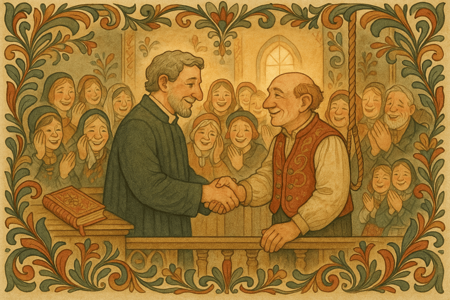 Presten og klokkeren møtes midt i kirken og tar hverandre i hånden mens menigheten jubler.