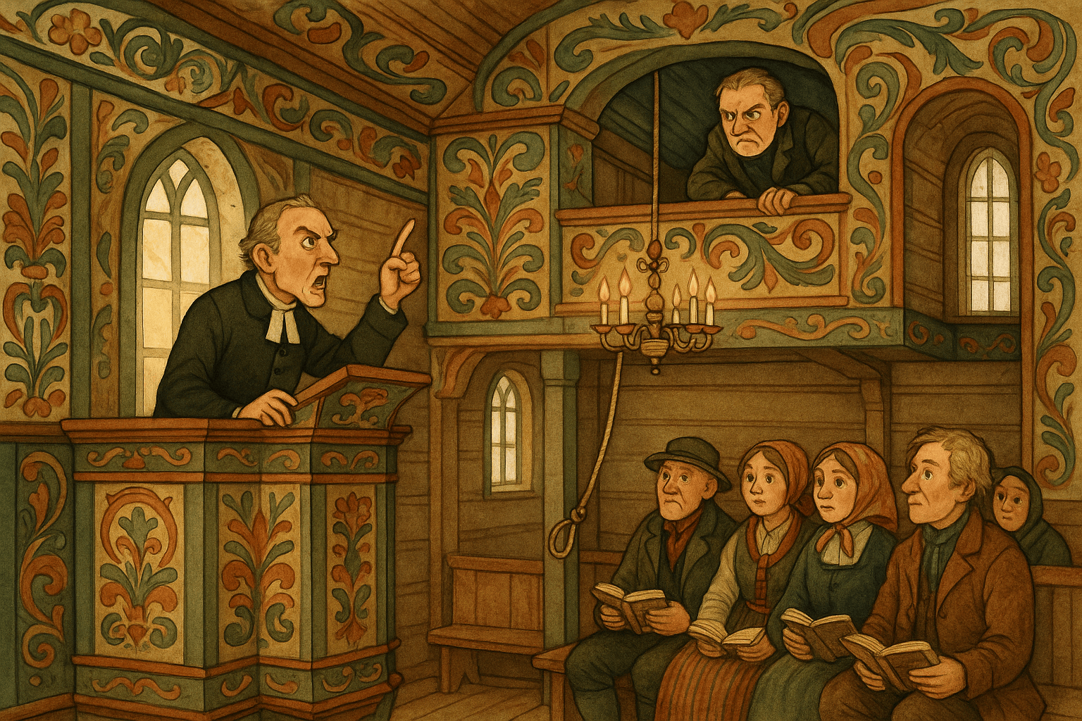 Presten står i prekestolen og krangler med klokkeren i galleriet mens menigheten ser overrasket på.