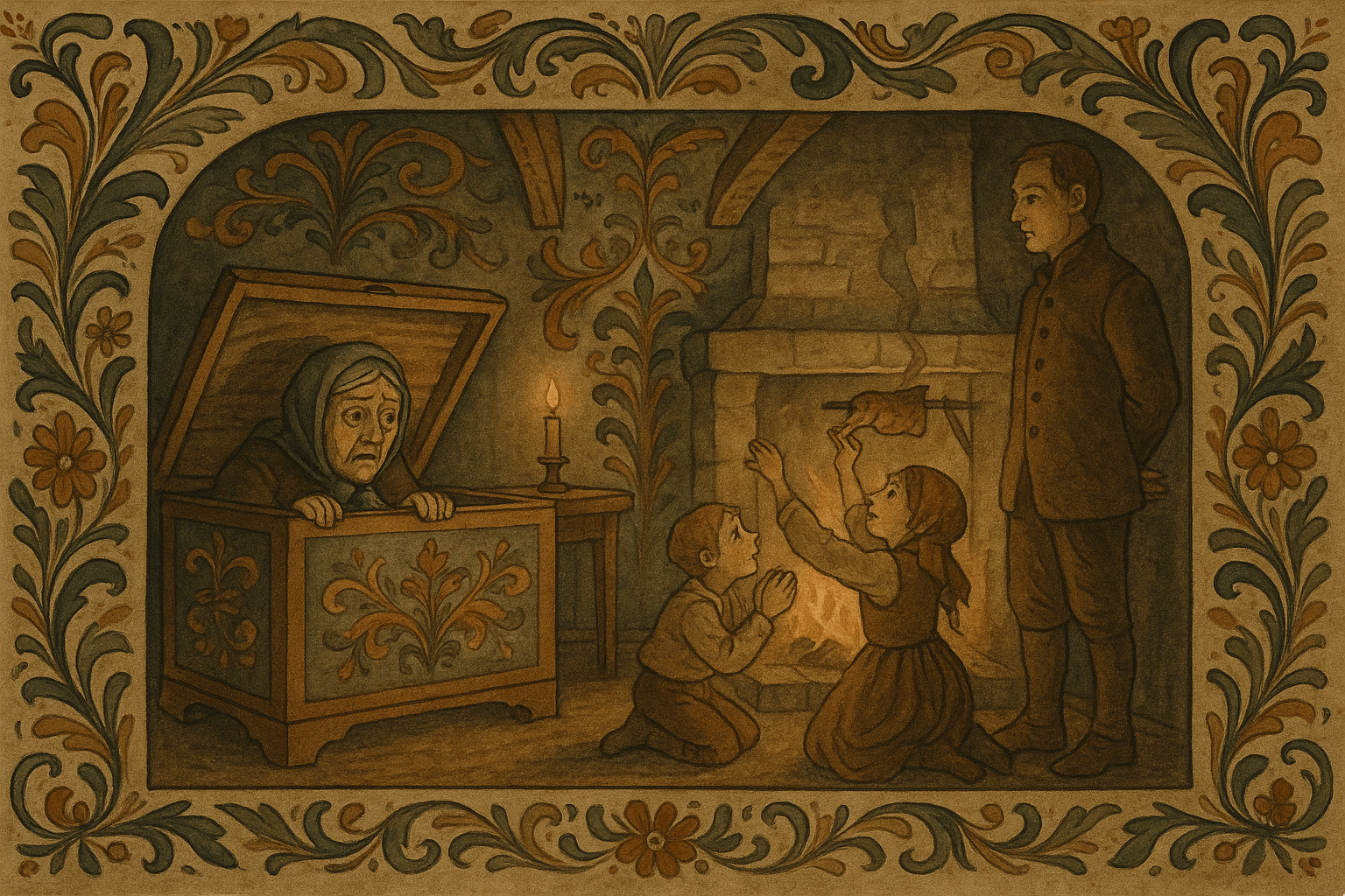 Prestens mor titter fram av en kiste mens klokkerens barn skriker etter flesk, og klokkeren ser på med skjult hensikt.