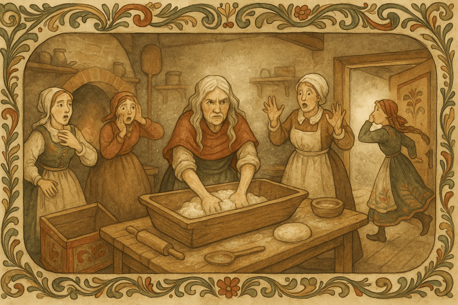 I bakstestuen står prestens mor og knar deig, og kvinnene skriker og flykter i redsel; mel svever i lufta og bakegods ligger urørt.