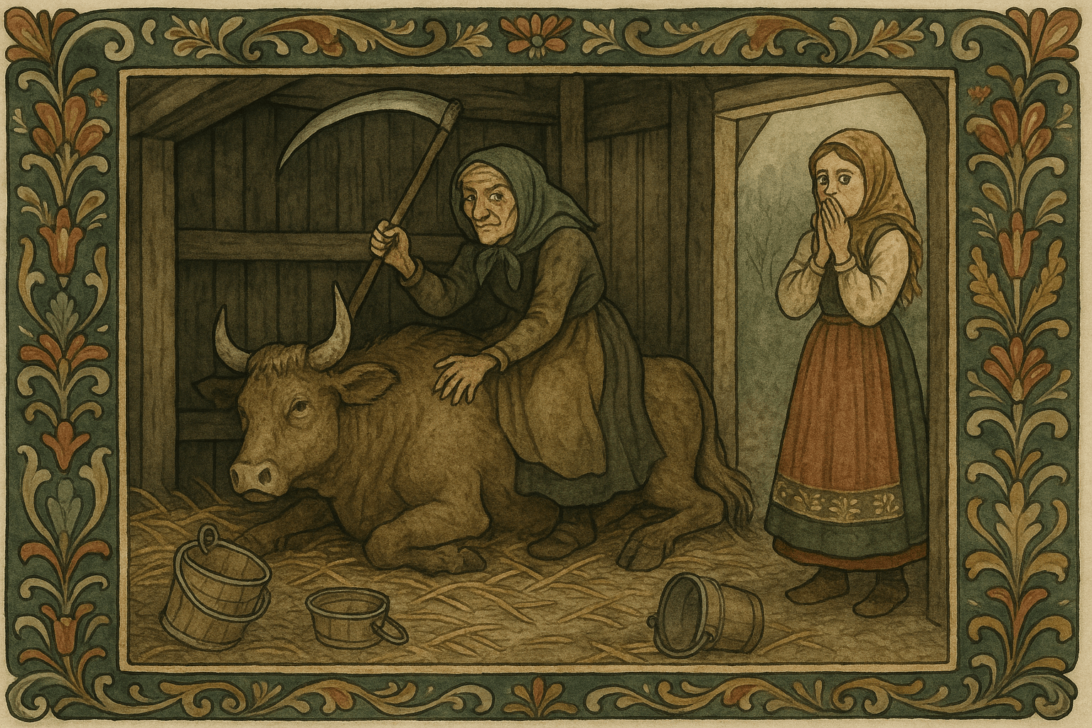 I fjøset sitter prestens mor på den drepte storstuten med ljå i hånda, mens budeien står skrekkslagen i døren.