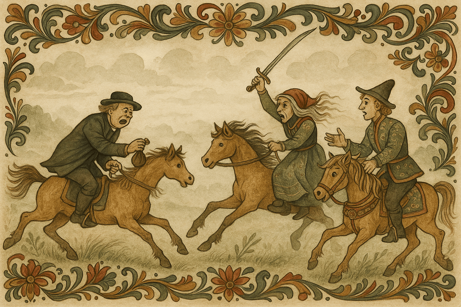 Presten rir fort av gårde mens folen kommer med prestens mor og en sabel, klokkeren følger og forhandler om penger mens presten ber om fred.