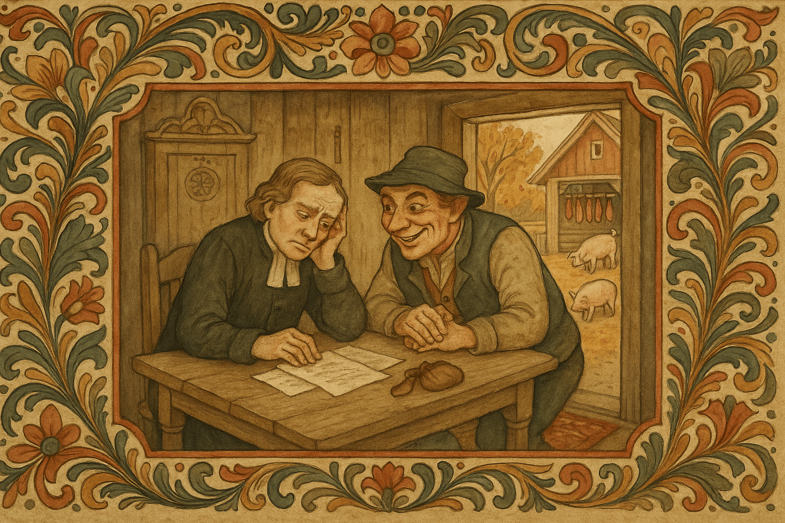 Presten sitter bekymret i en enkel prestegård mens klokker, velkledd og slu, lener seg fram og gir råd; griser og pølsestell vises utenfor.