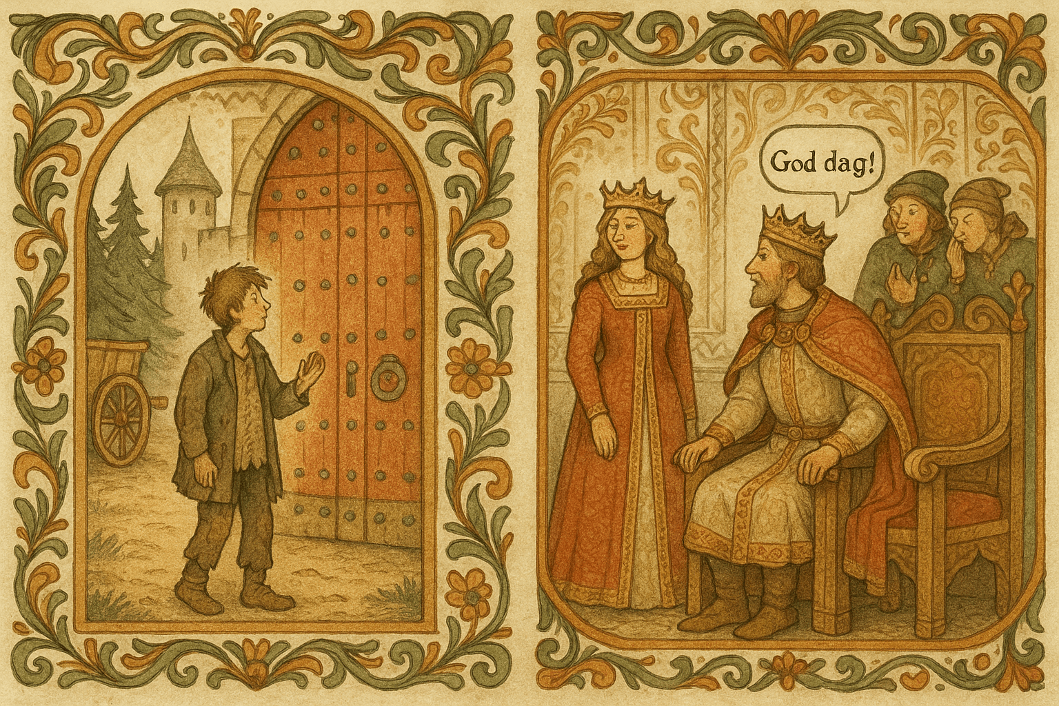 En fattig bondegutt møter slottets hoff og hilser prinsessen med et enkelt «God dag», mens hoffet hvisker.