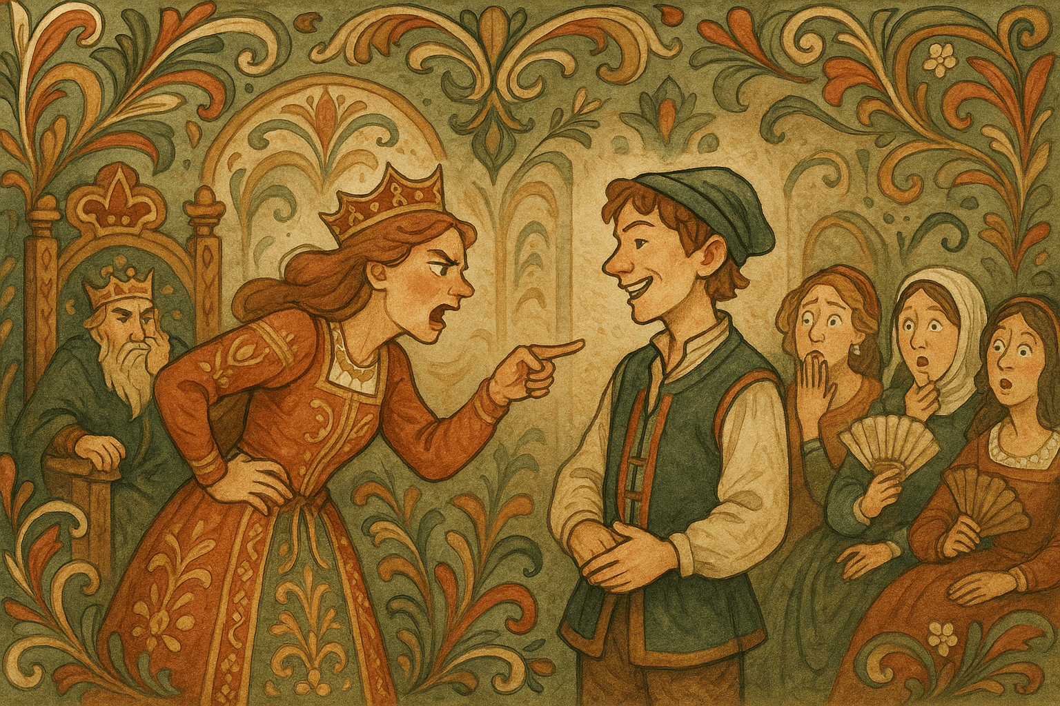 Prinsessen blir rasende mens bondegutten svarer kvikt; hoffet ser målløst på når hun mister ordet.