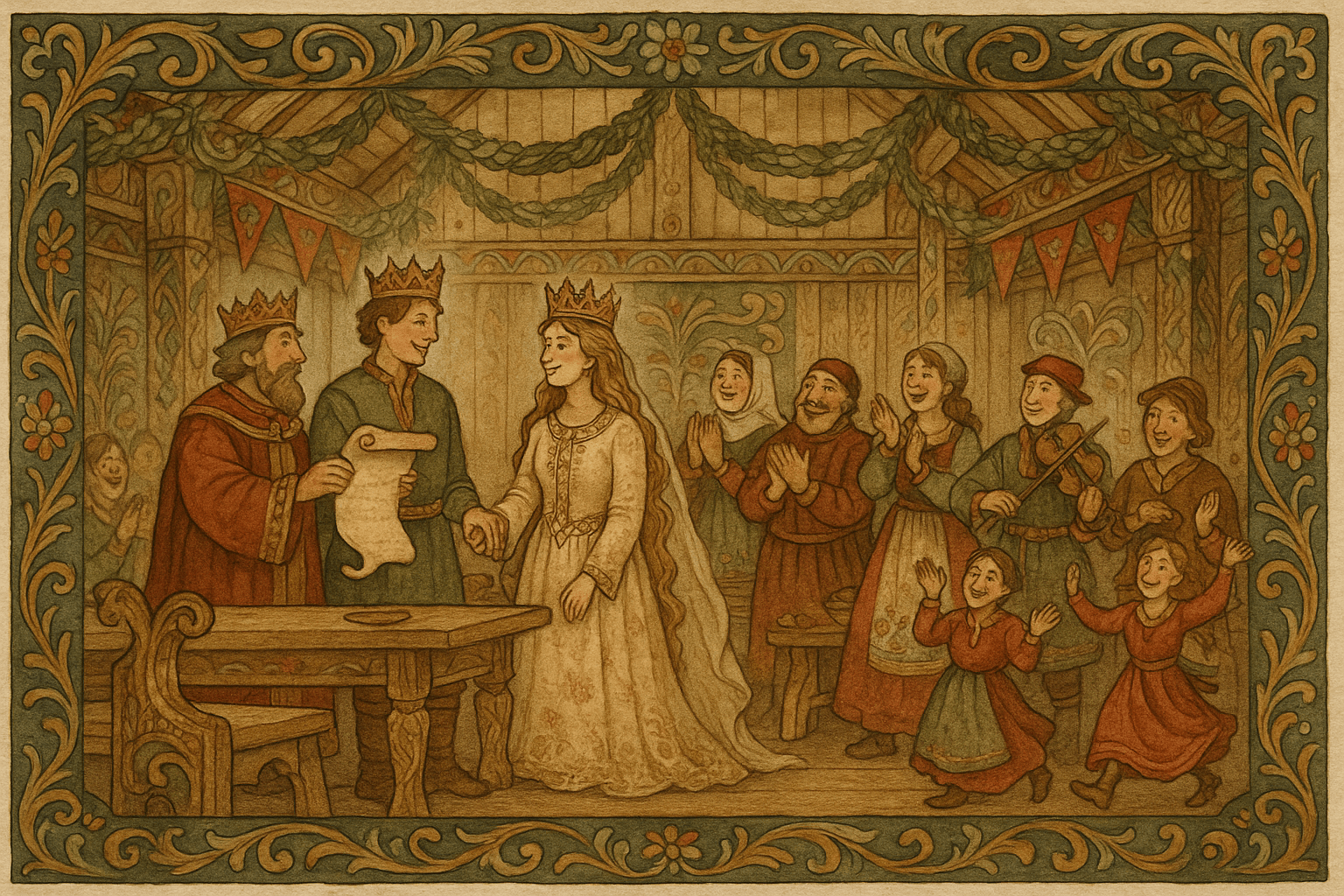 Et stort bryllup i kongehallen hvor bondegutten og prinsessen feirer, kongen gir ham halve riket mens gjestene jubler.