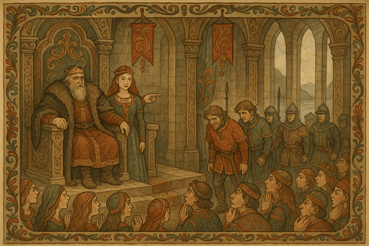 Kongen kunngjør premien for den taleføre prinsessen i tronsalen, prinsessen står selvsikker ved hans side og fornemme frender forlater salen.